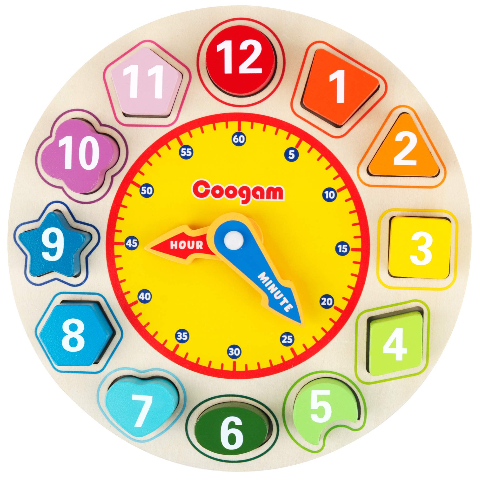 Coogam Wooden Shape Color Sorting Clock – Teaching Time Number Puzzle Stacking Sorter Jigsaw Montessori Early Learning Educational Toy Gift for Year Old Kids