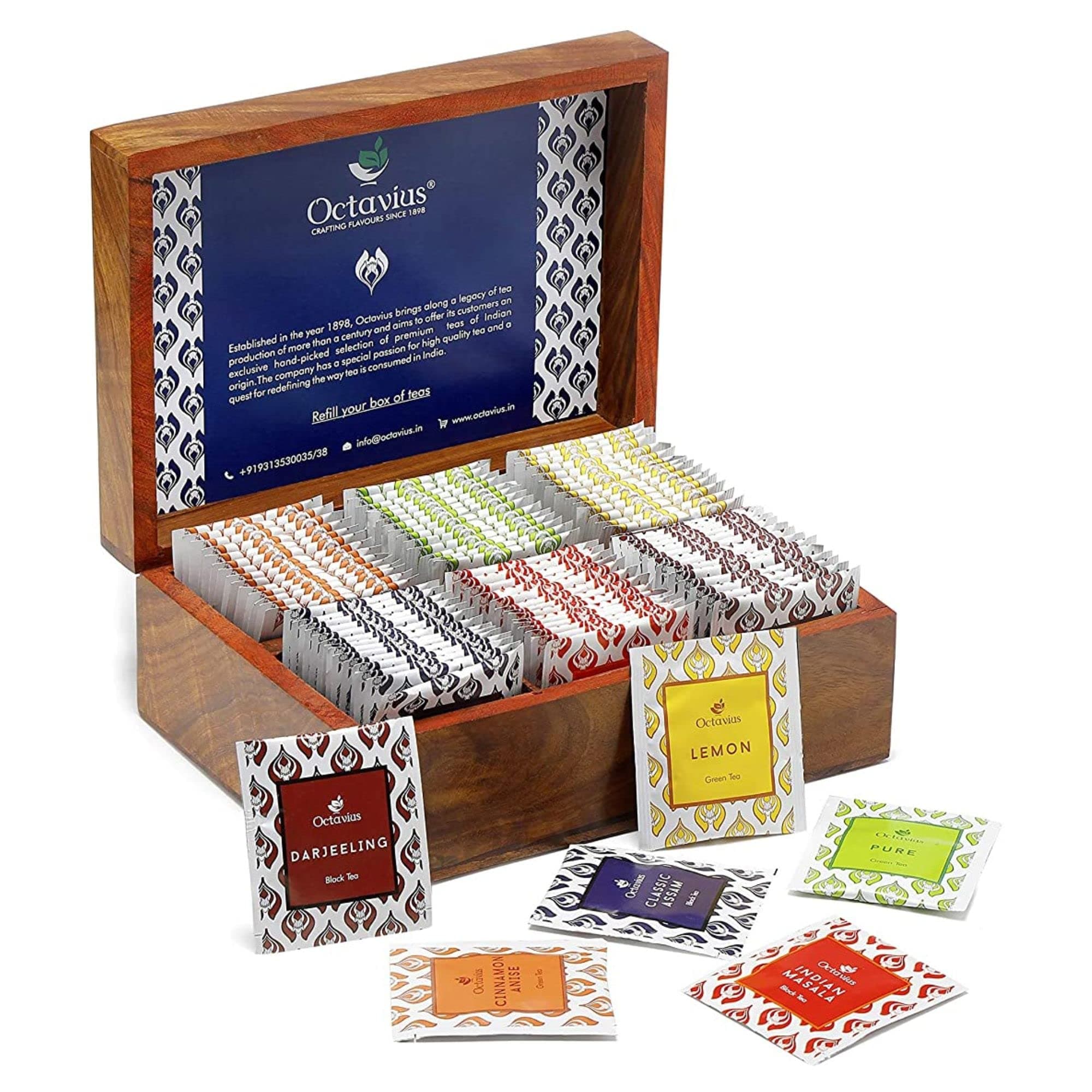 Octavius Assorted Tea Gift Set | 6 Assorted Black & Green Teas | 90 Teabags | Wooden Tea Sampler Pack | Pack of 1