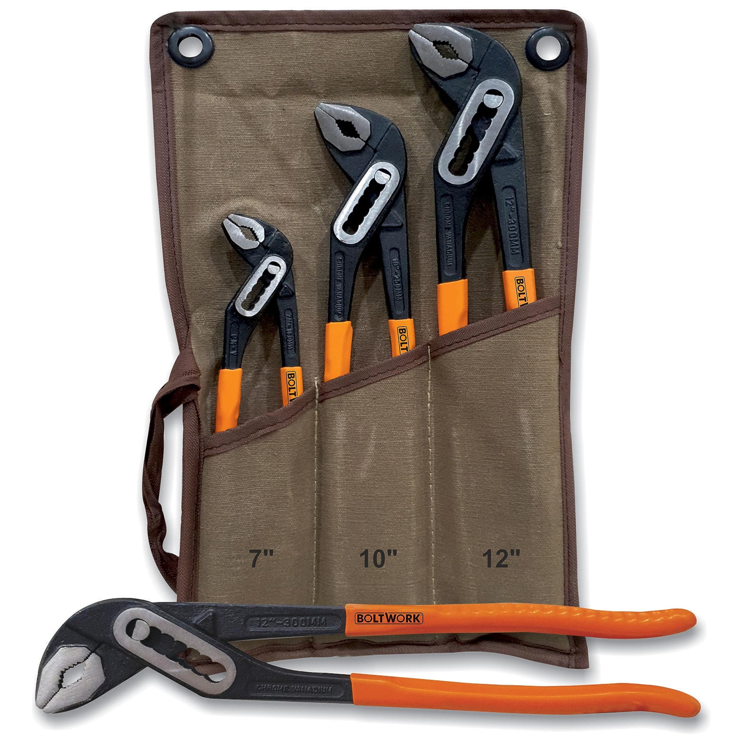 BOLTWORK Water Pump Pliers 3Pc (7”,10”,12”) CRV Steel Wide Jaw Profile Long Nose Box Joint Grips Set in Storage Pouch, 1% of Sale Value Will be Donated to Children's Hospital Sheffield