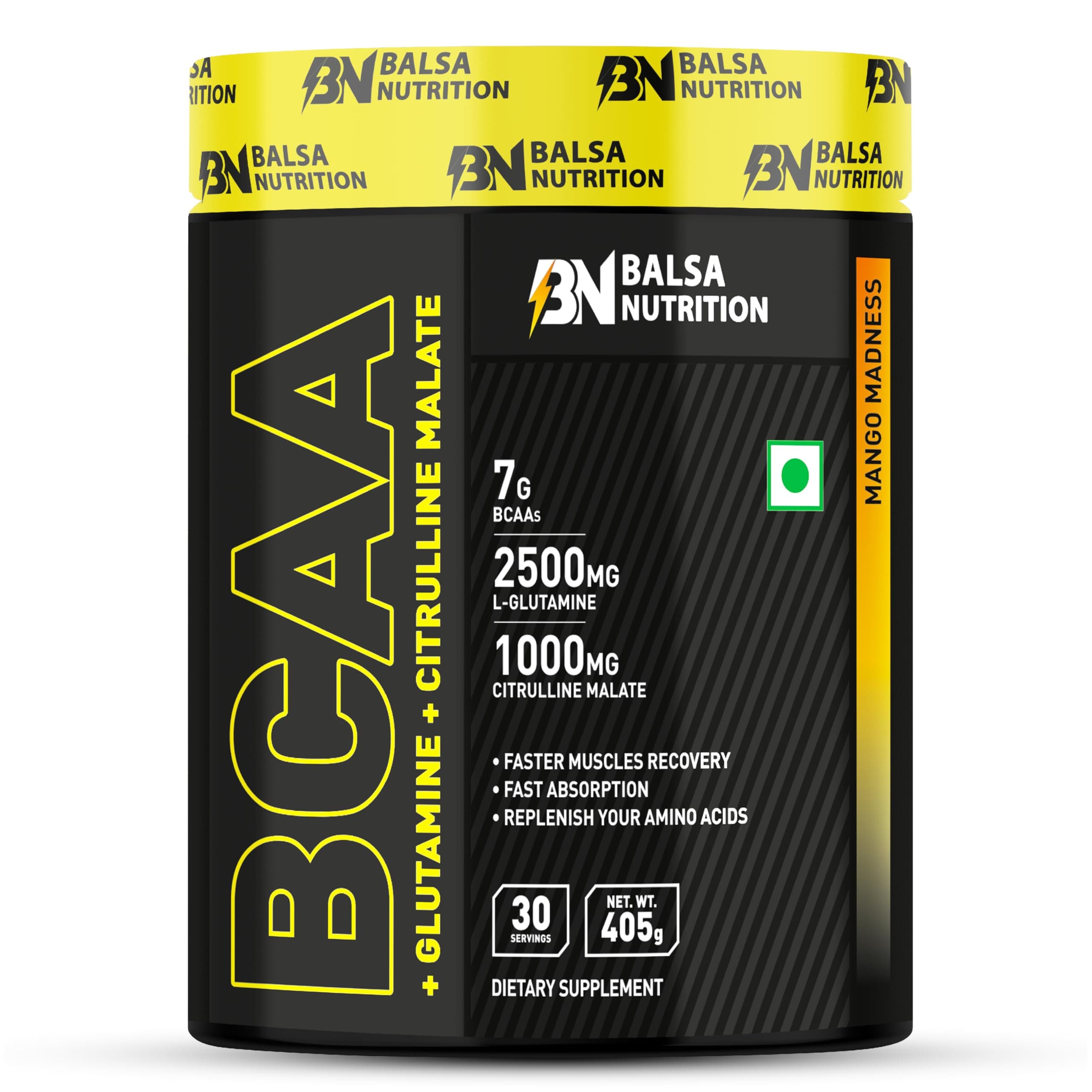 Balsa Nutrition BCAA With Glutamine + Citrulline Malate Powder- 405g, 30 Serving (Mango Madness) | Amino Acid For Muscle Recovery & Endurance, Boost Energy & Immune | Non- GMO
