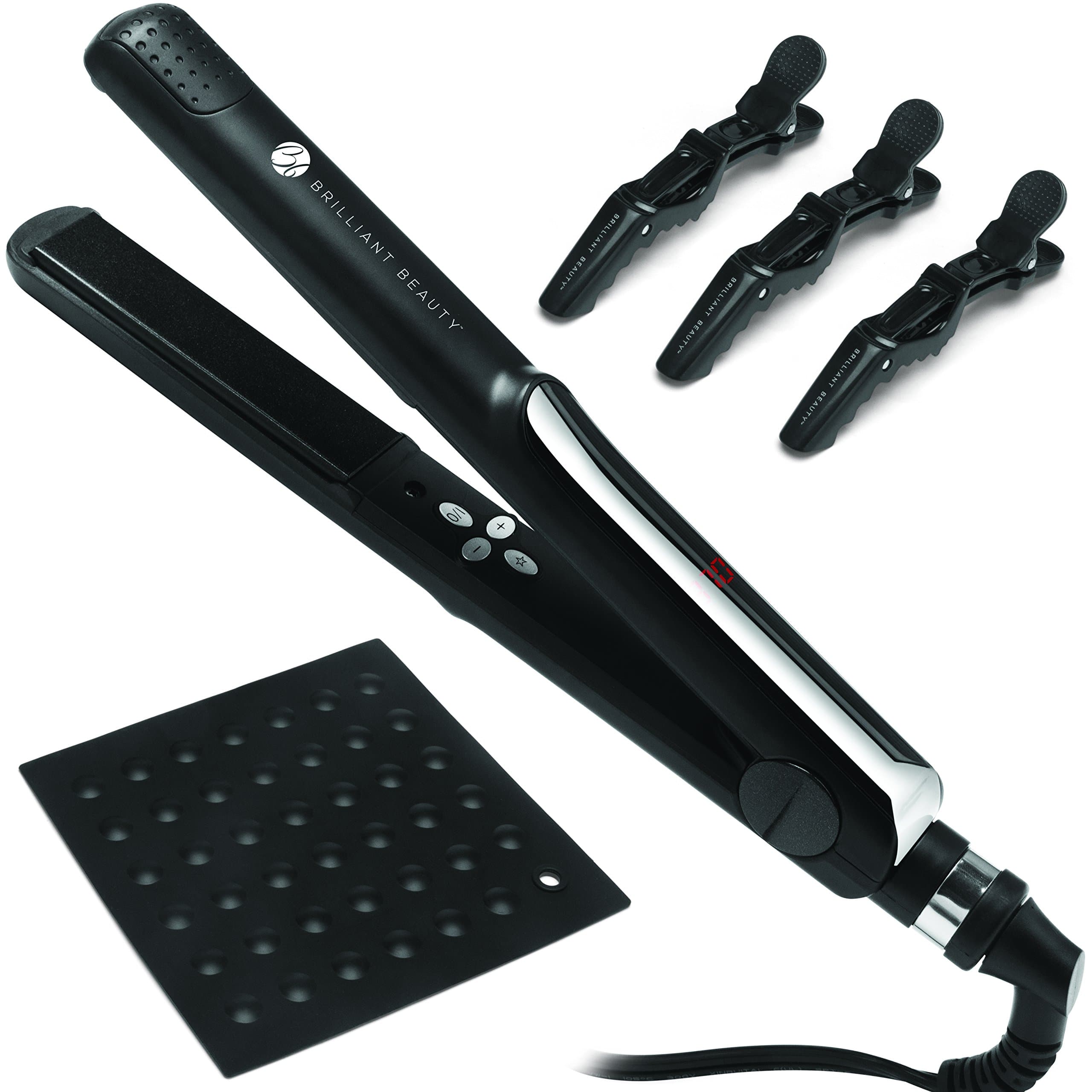 Straight Genius Ceramic Ionic Tourmaline Flat Iron with Heat Resistant Mat, Hair Clips & Travel Bag - 1 Inch Straightening and Curling Iron by Brilliant Beauty - Professional Straightener