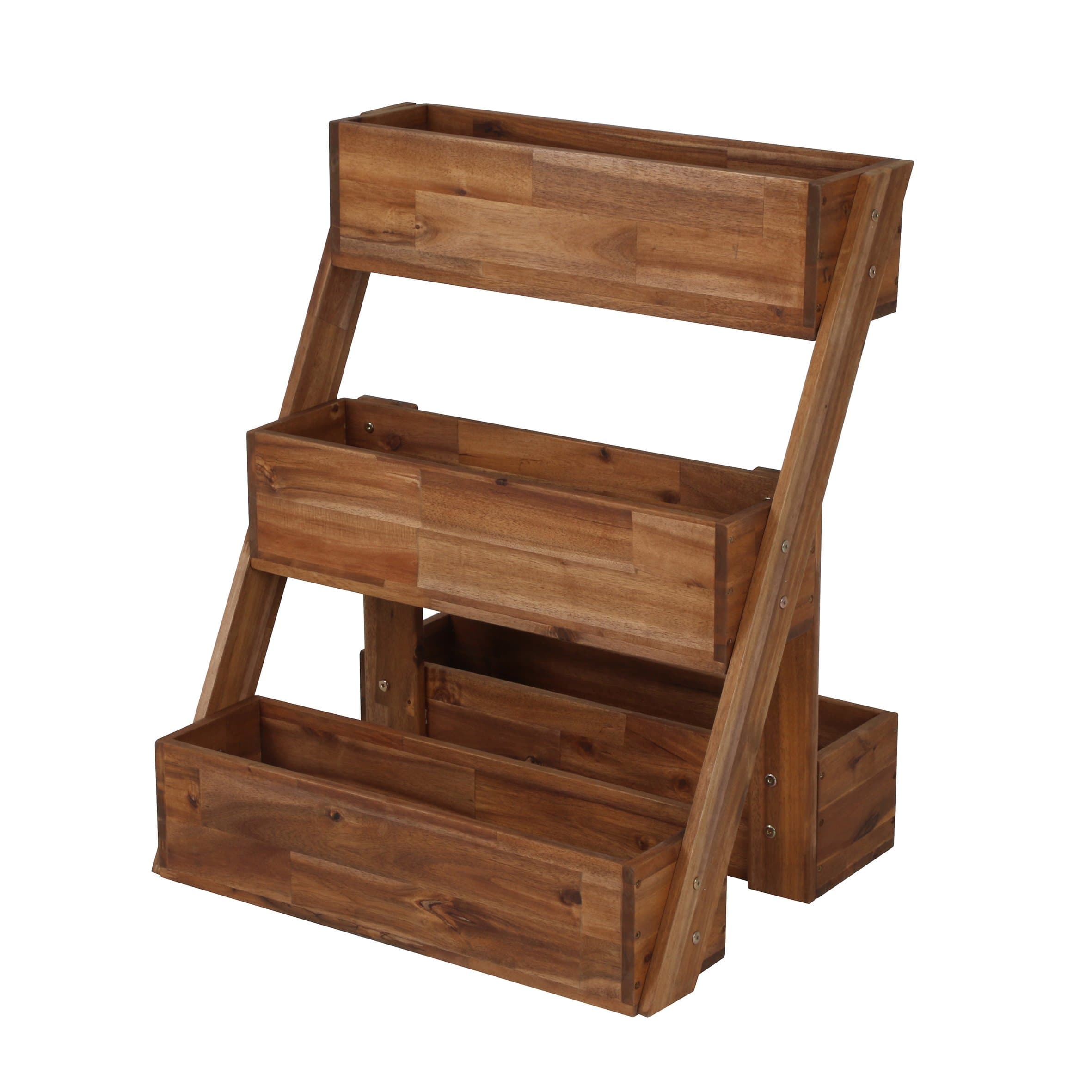 Flower staircase planter, modern look, made of noble acacia wood, for outside balcony, terrace and garden planting stairs, 66 x 53 x 80 cm, brown