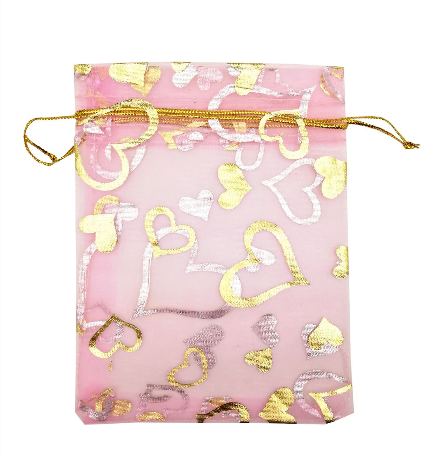 100pcs Organza Pouch Bag Drawstring 4x5 Inch Strong Gift Candy Bags Jewelry Party Wedding Favor (Pink Heart)