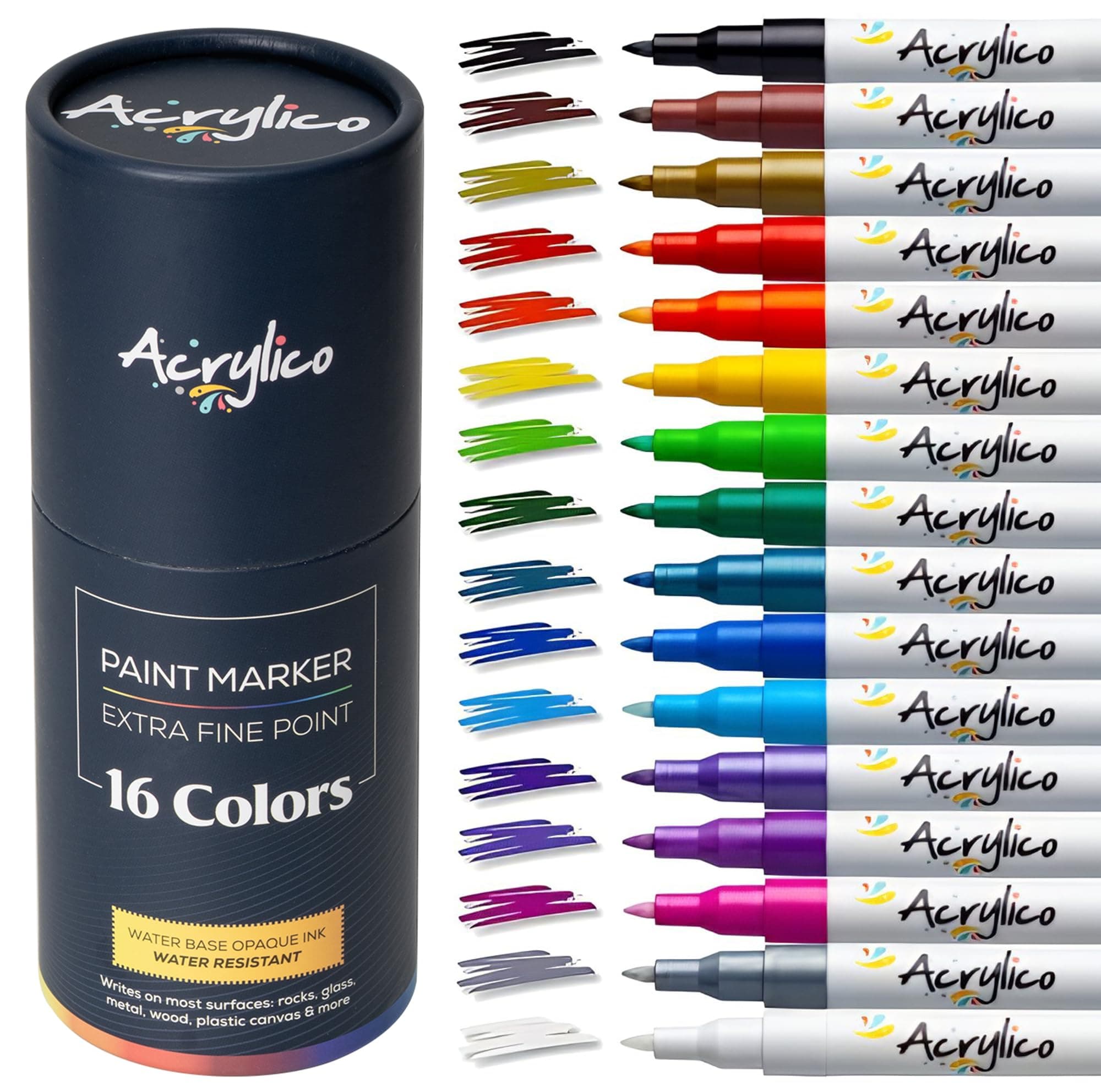 - Acrylic Paint Markers Set of 16 Paint Pens – Fine Tip for Fabric, Rock, Metal, Ceramic, Adult Coloring & Art Projects – Art Supplies for Kids & Adults