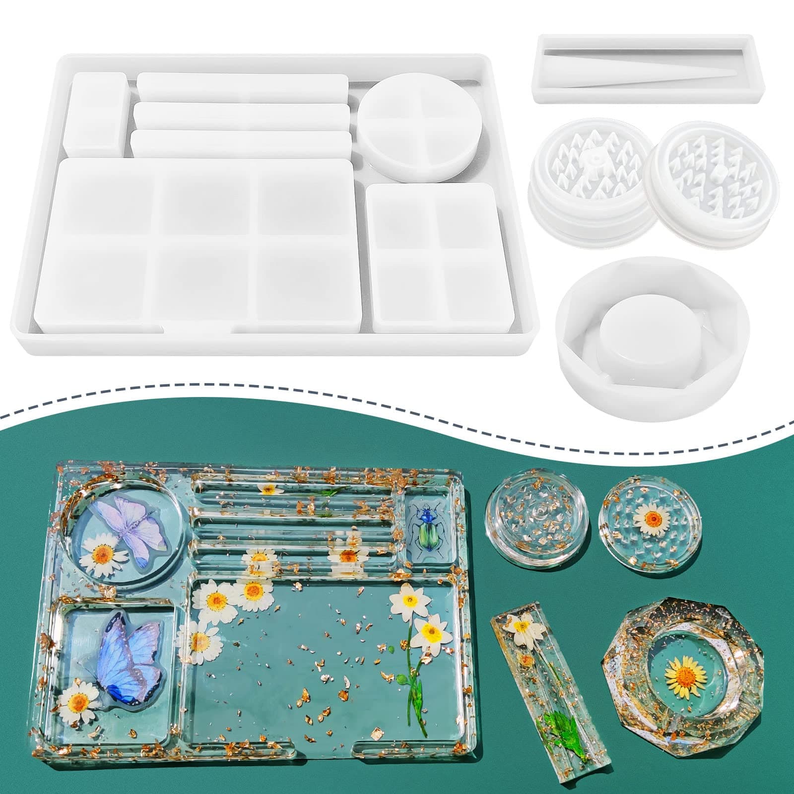 5 PCS Resin Tray Molds and Resin Grinder Mold for Grind and Storage, Large Molds Silicone Molds for Arts, DIY Epoxy Kit