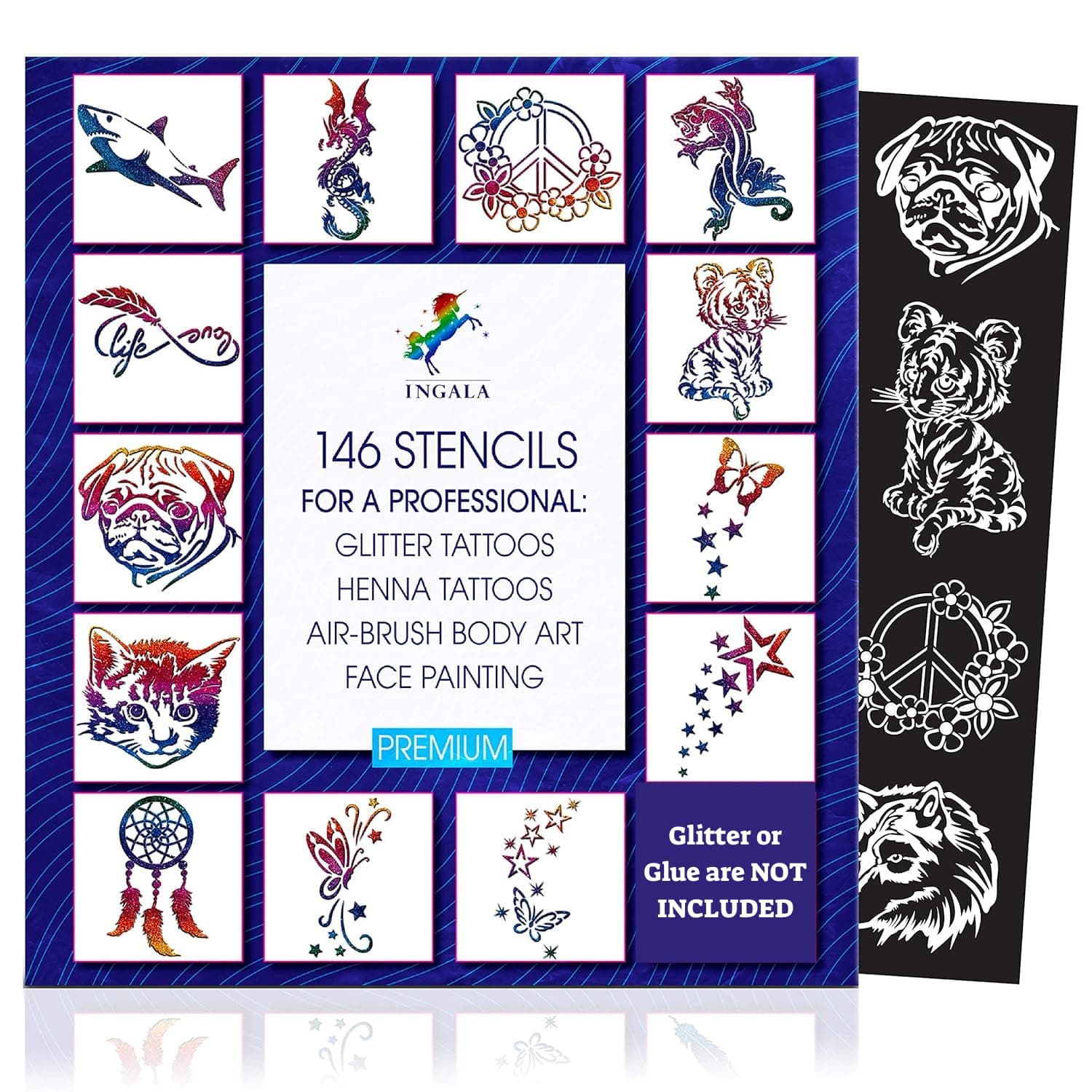 INGALA Premium Artistic Glitter Tattoo Set - 146 Unique Designs for Kids, Teens & Adults. Suitable for Henna, Airbrush & Face Painting