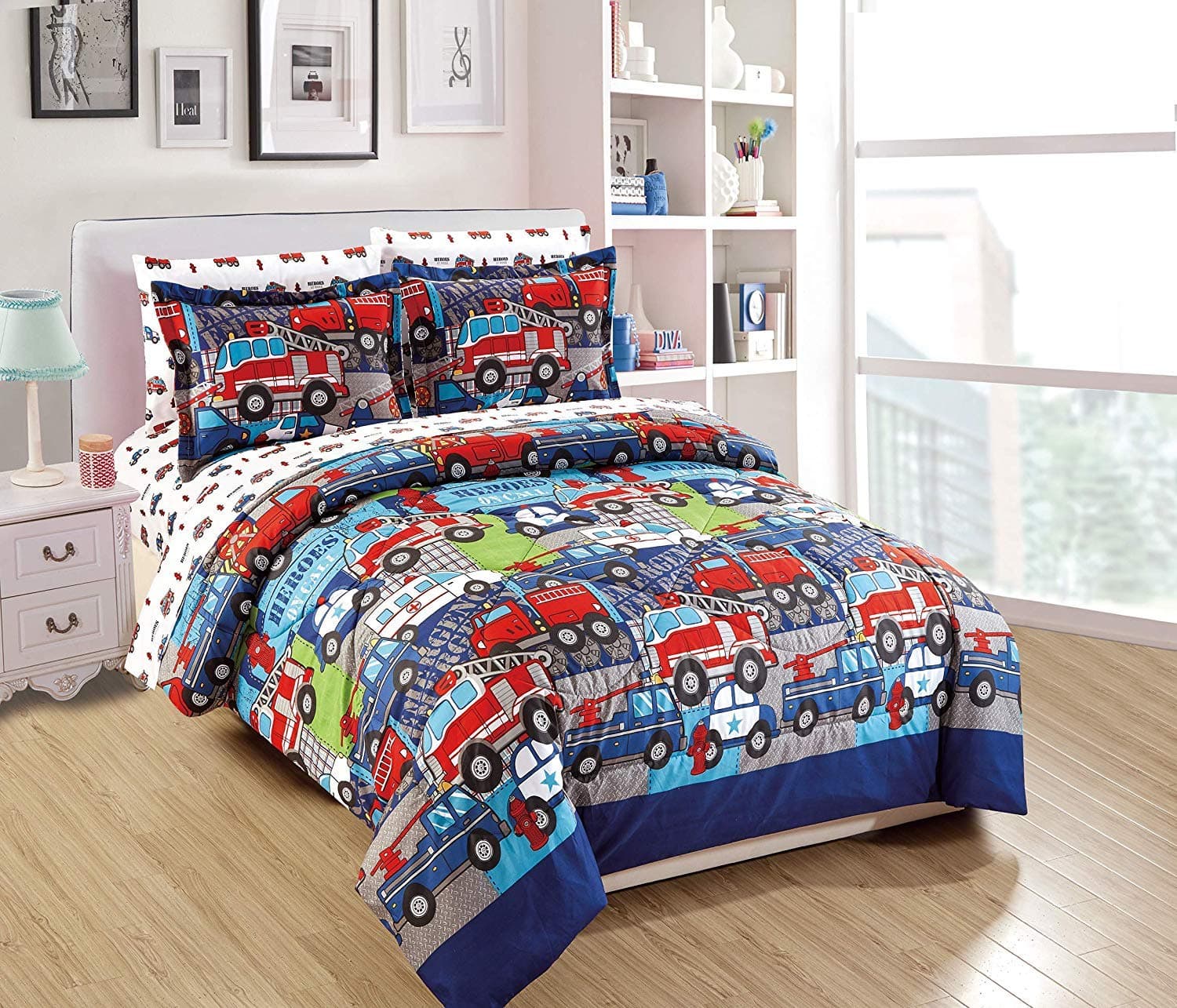 Multicolor Heroes First Responders Police Cars Fire Trucks Ambulances Design 7 Piece Comforter Bedding Set for Boys/Kids Bed in a Bag with Sheet Set # Heroes 2 (Full Size)
