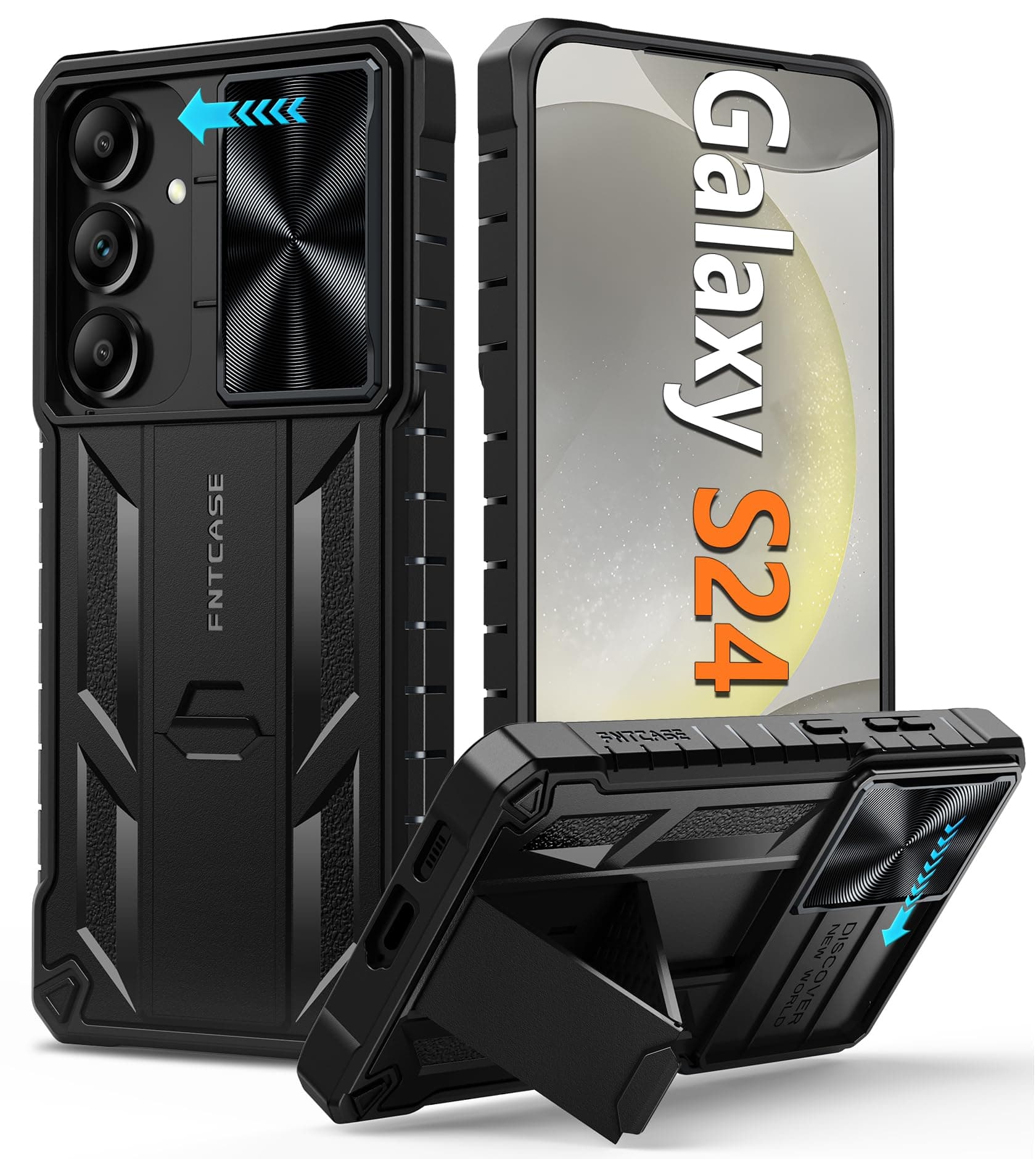 FNTCASE for Samsung-Galaxy S24 Protective Case: Military Grade Dropproof Cell Phone Cover with Kickstand & Slide | Heavy Duty Rugged Phonecase Bumper Textured | Heavy Duty(Black)