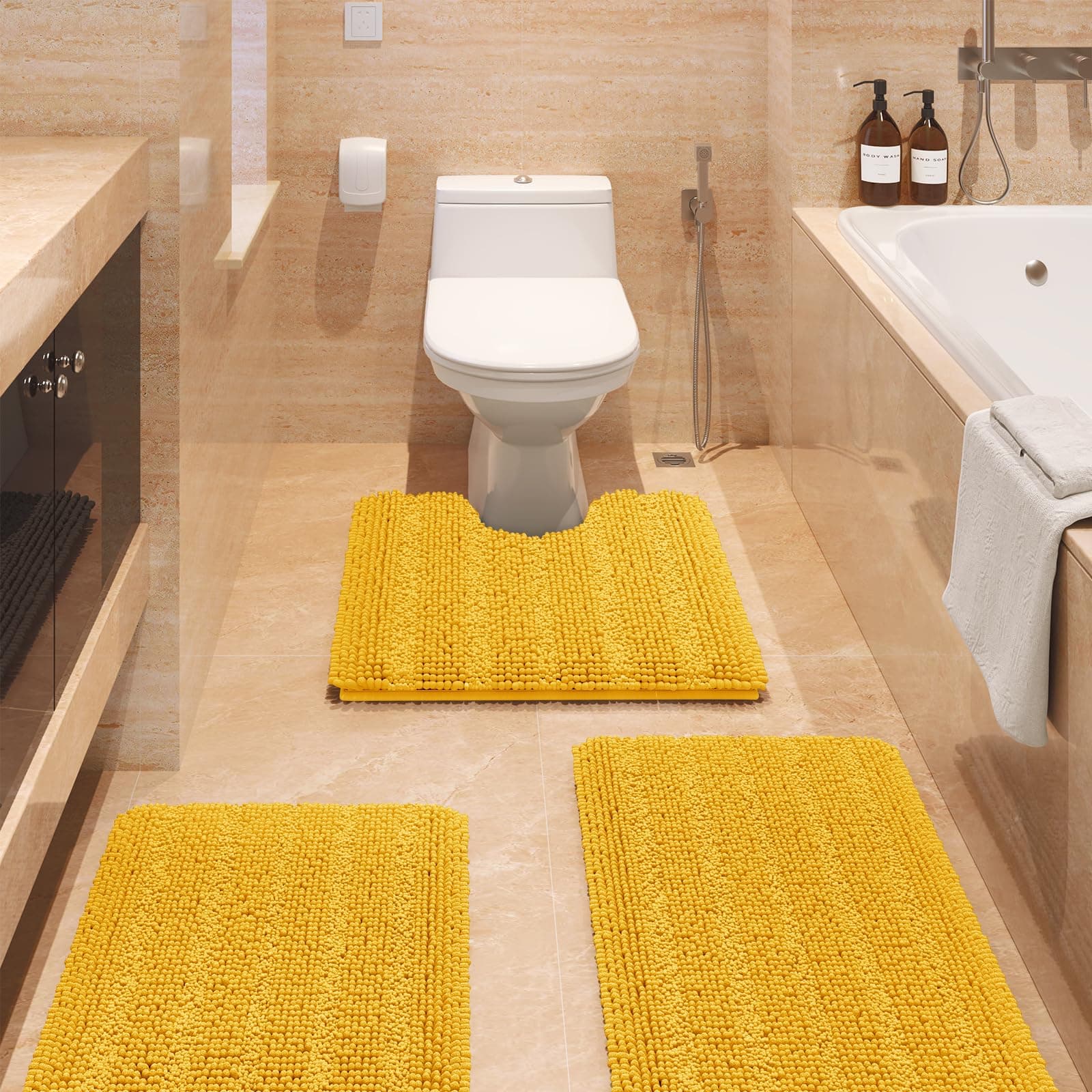 Striped Yellow Bathroom Rug Set 3 Pieces Ultra Soft, Non Slip Chenille Bath Carpet, Absorbent Plush Shaggy Gold Bath Mats for Bathroom, Toilet, Bedroom, Kitchen