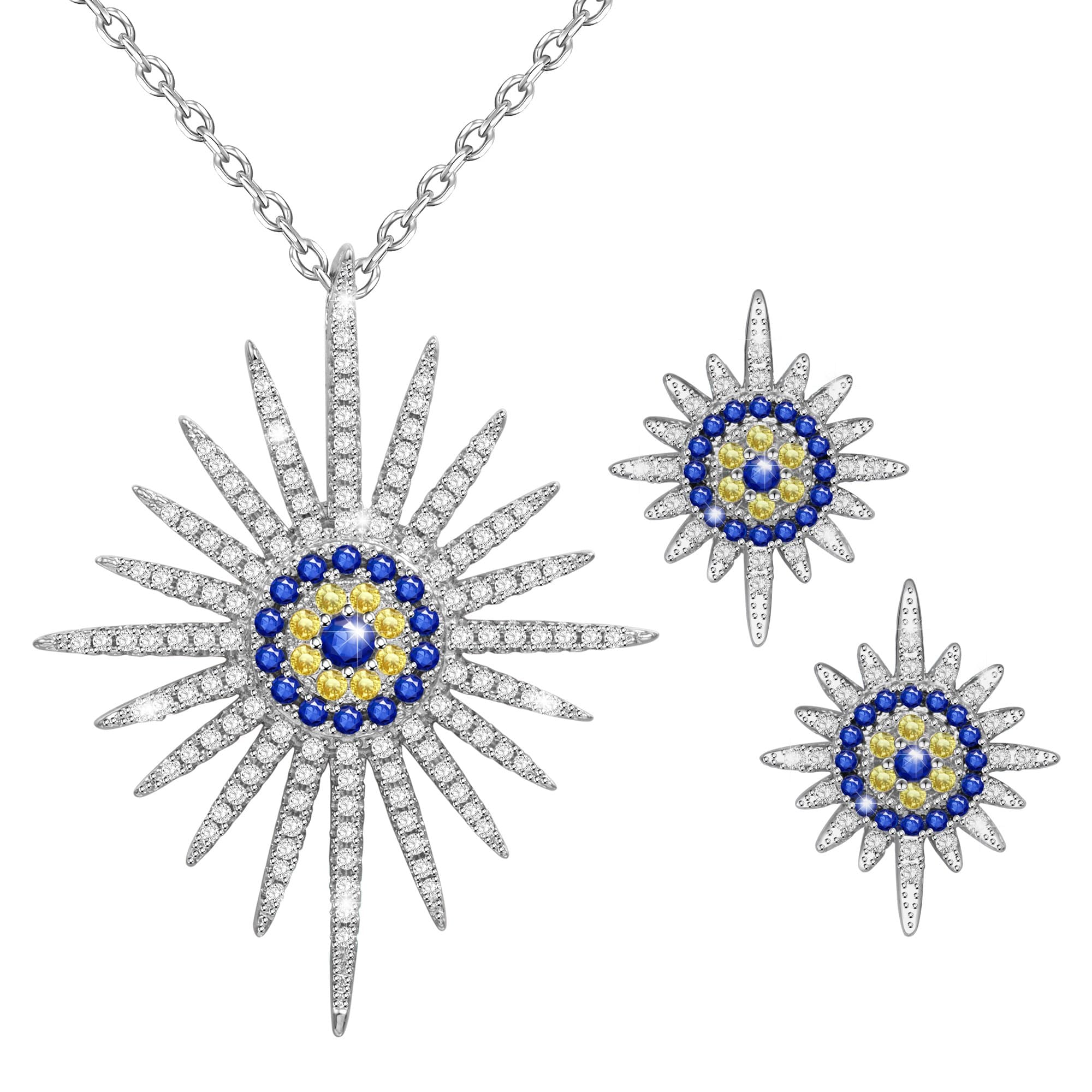 Marenja-Women's Fashion Jewellery Set-Sun Necklace Pendant with Chain and Earrings-White Gold Plated Crystal Jewellery