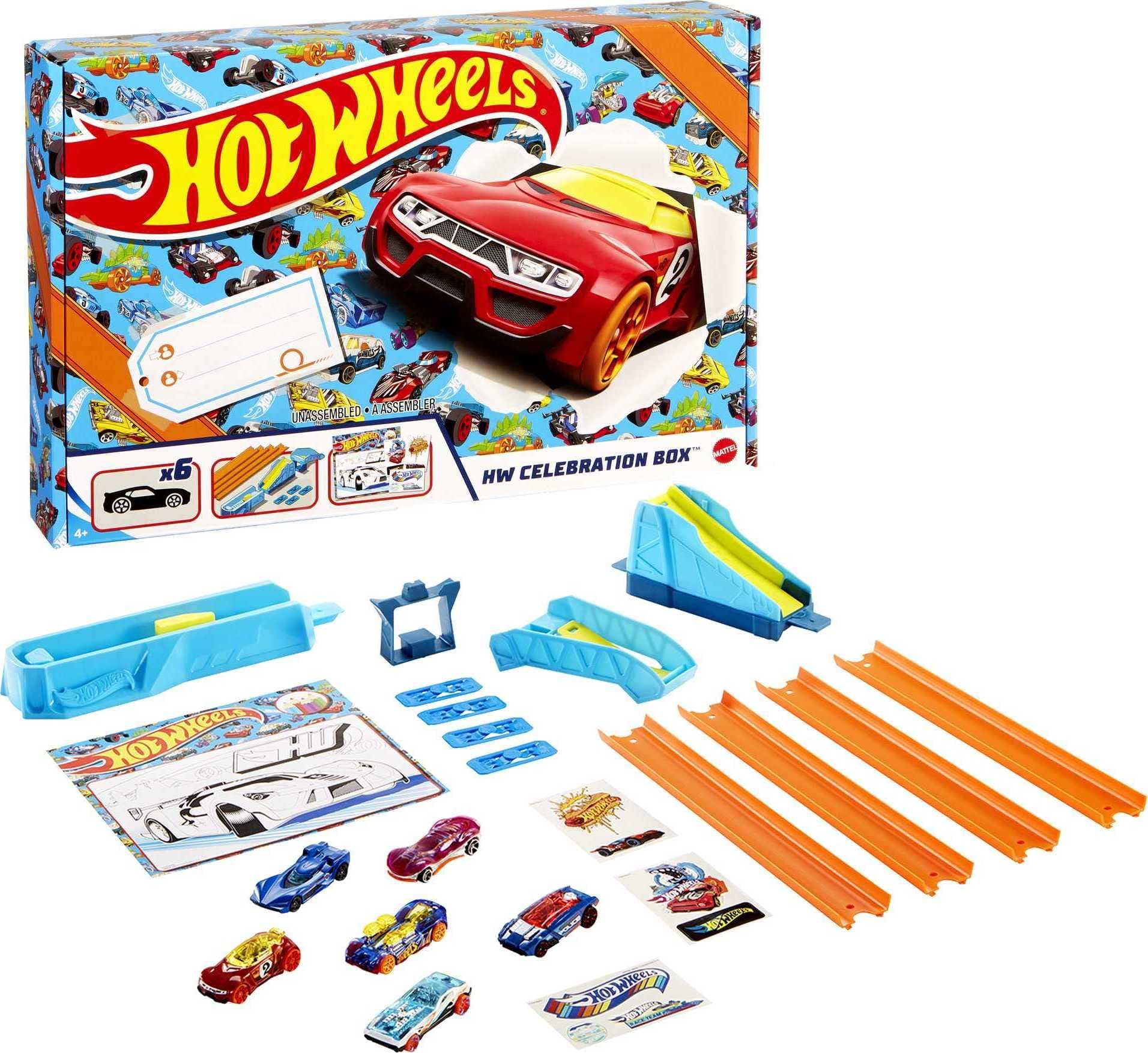 Hot Wheels Toy Cars & Track Set, HW Celebration Box of 6 1:64 Scale Vehicles, Track, Connectors, 4-Speed Launcher, Ramps, Activity Page & Stickers