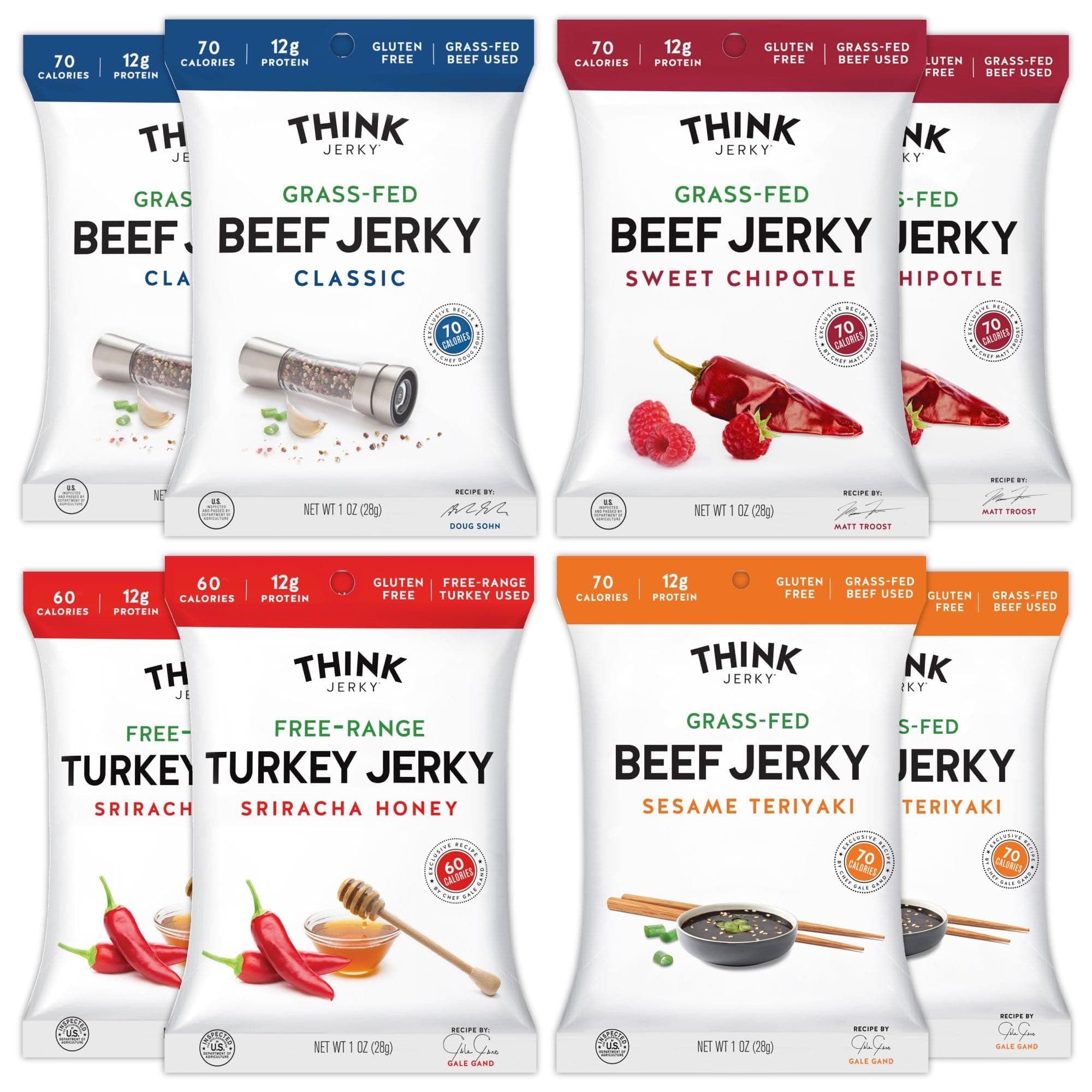 - Think Jerky Beef and Turkey Jerky Variety Pack, Classic, Sweet Chipotle, Sriracha Honey, Sesame Teriyaki, Healthy Meat Snack, Low Calorie Low Fat - 1.0 oz Bags, 8 Pack, 2 of Each