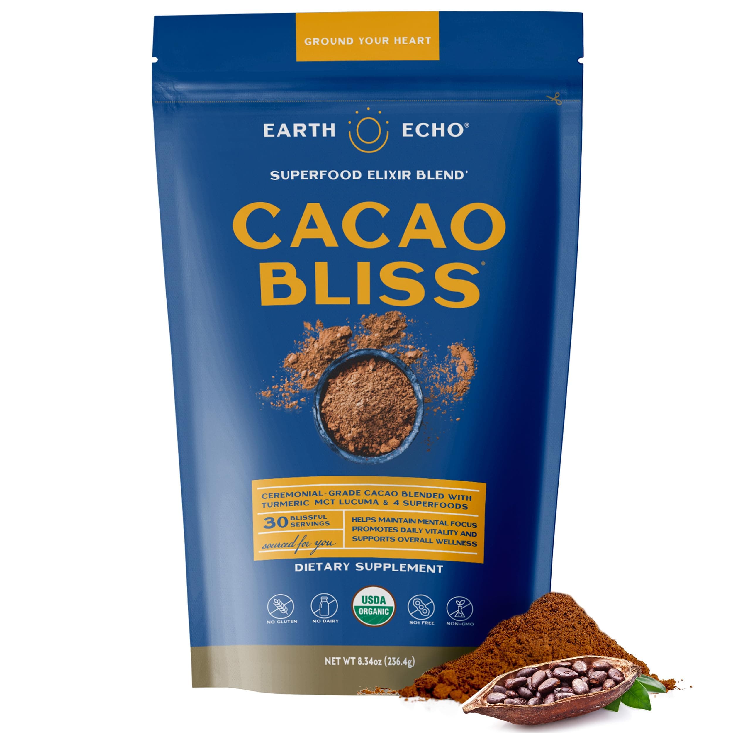 Earth Echo Cacao Bliss Organic Superfood Powder with MCT Oil and Turmeric for Natural Energy, Reduced Cravings, and Boosted Mental Clarity, Dairy-Free, Gluten-Free, Keto-Friendly, 30 Servings