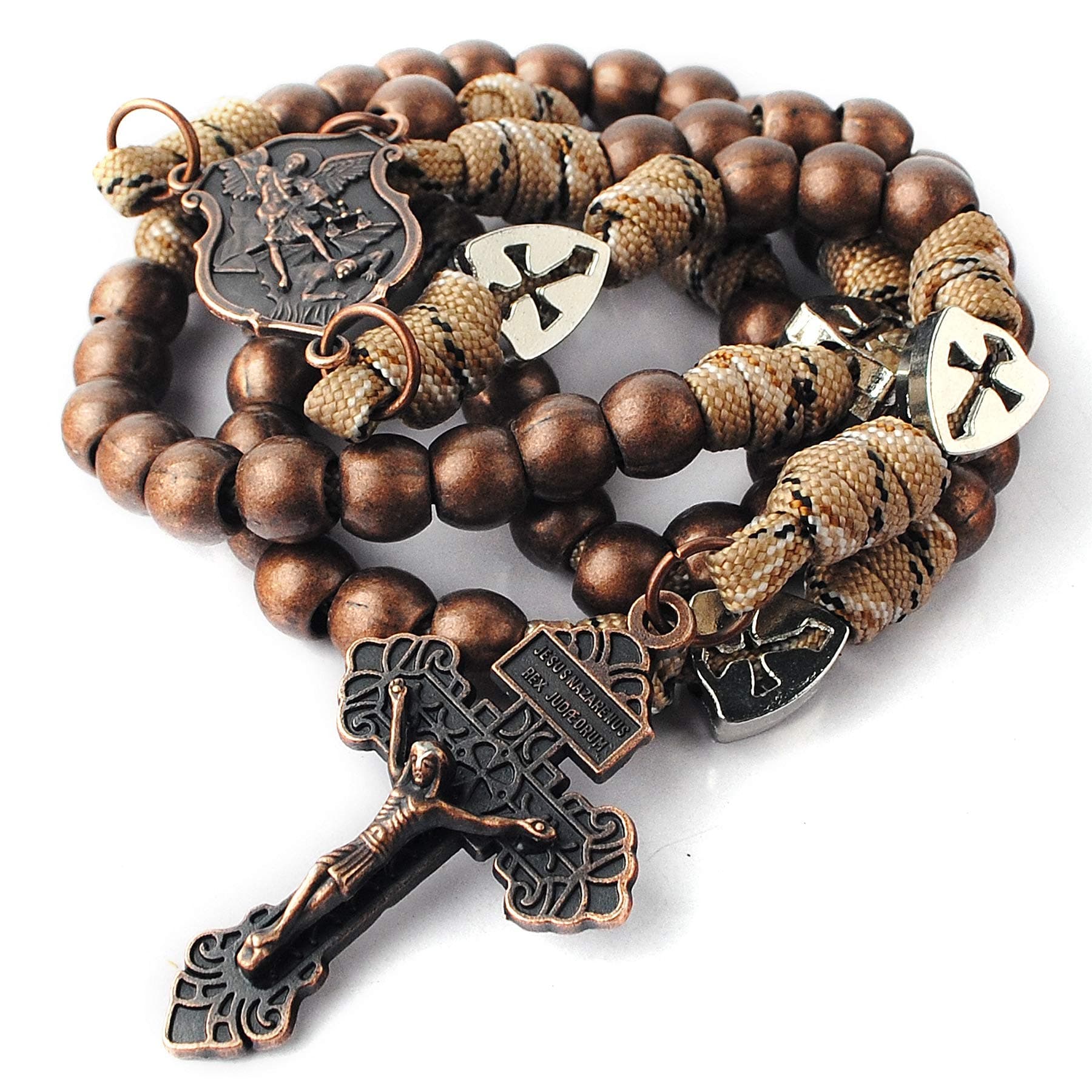 Large and Heavy Antique Bronze Metal Beads Rugged Durable Paracord Rosary Necklace with St.Michael Center Piece and Pardon Crucifix for Men