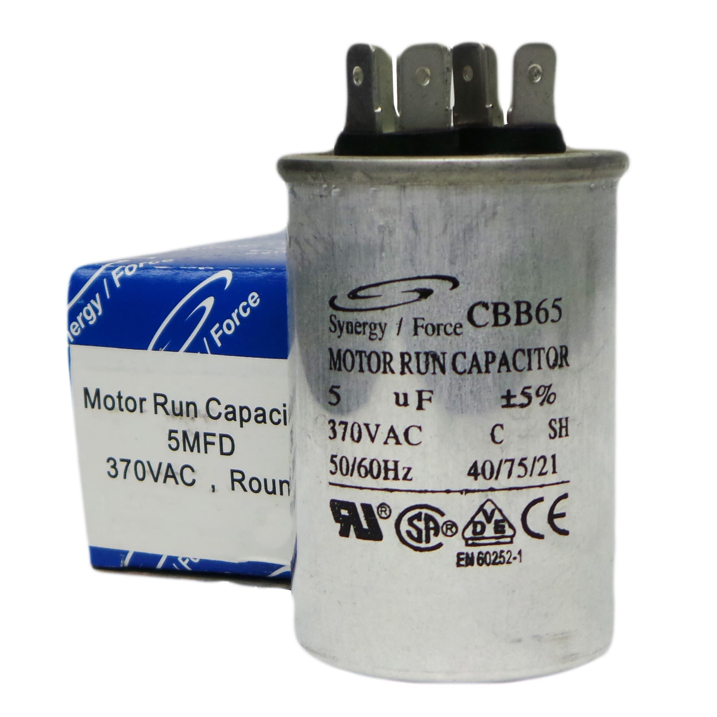 CBB65 Motor Run Capacitor, 5+5 uF +5%, 370VAC, C, SH, 50/60Hz, 40/75/21, RU CSA VDE CE Certified
