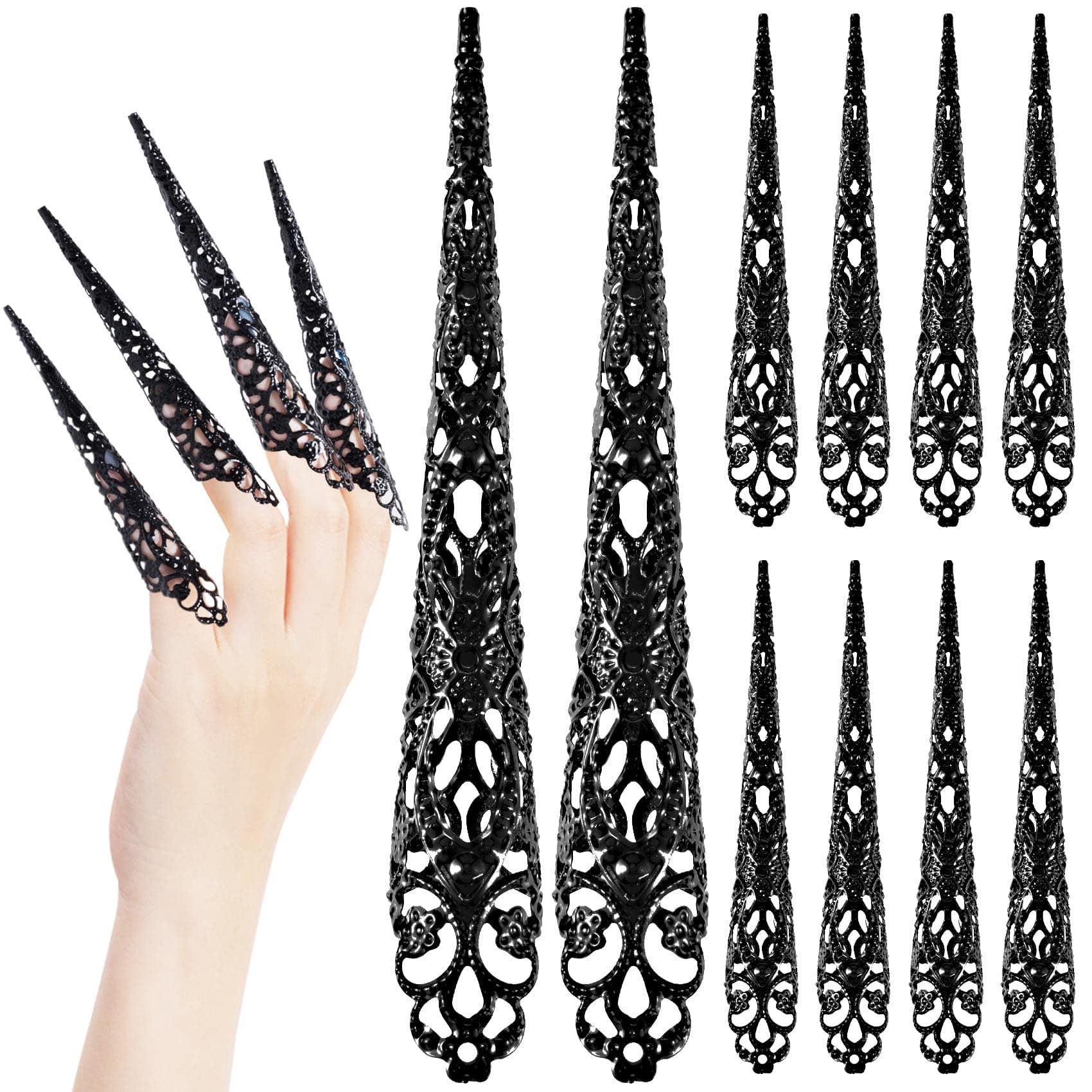 10 Pack Finger Nail Tip Claw Rings, Ancient Queen Costume Fingertip Claw Nail Rings Decoration Accessory, Finger Knuckle Protectors for Halloween Cosplay Drama Dance Show- Black