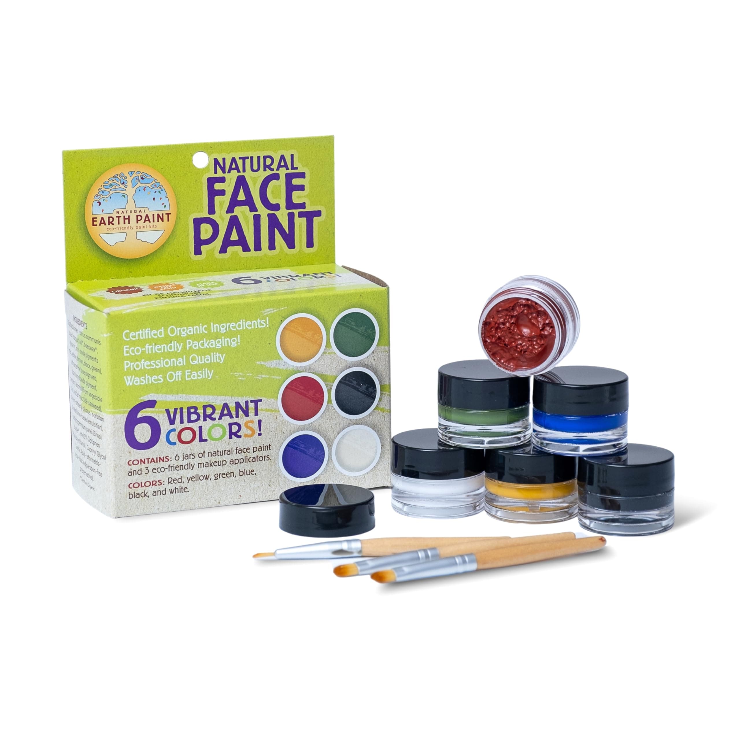 Natural Earth Paint Face Paint Kit – Non-Toxic, Mineral Makeup for Kids & Adults – Organic, Long-Lasting, Easy to Wash Off – 6 Colors & 3 Bamboo Applicators – Made in USA