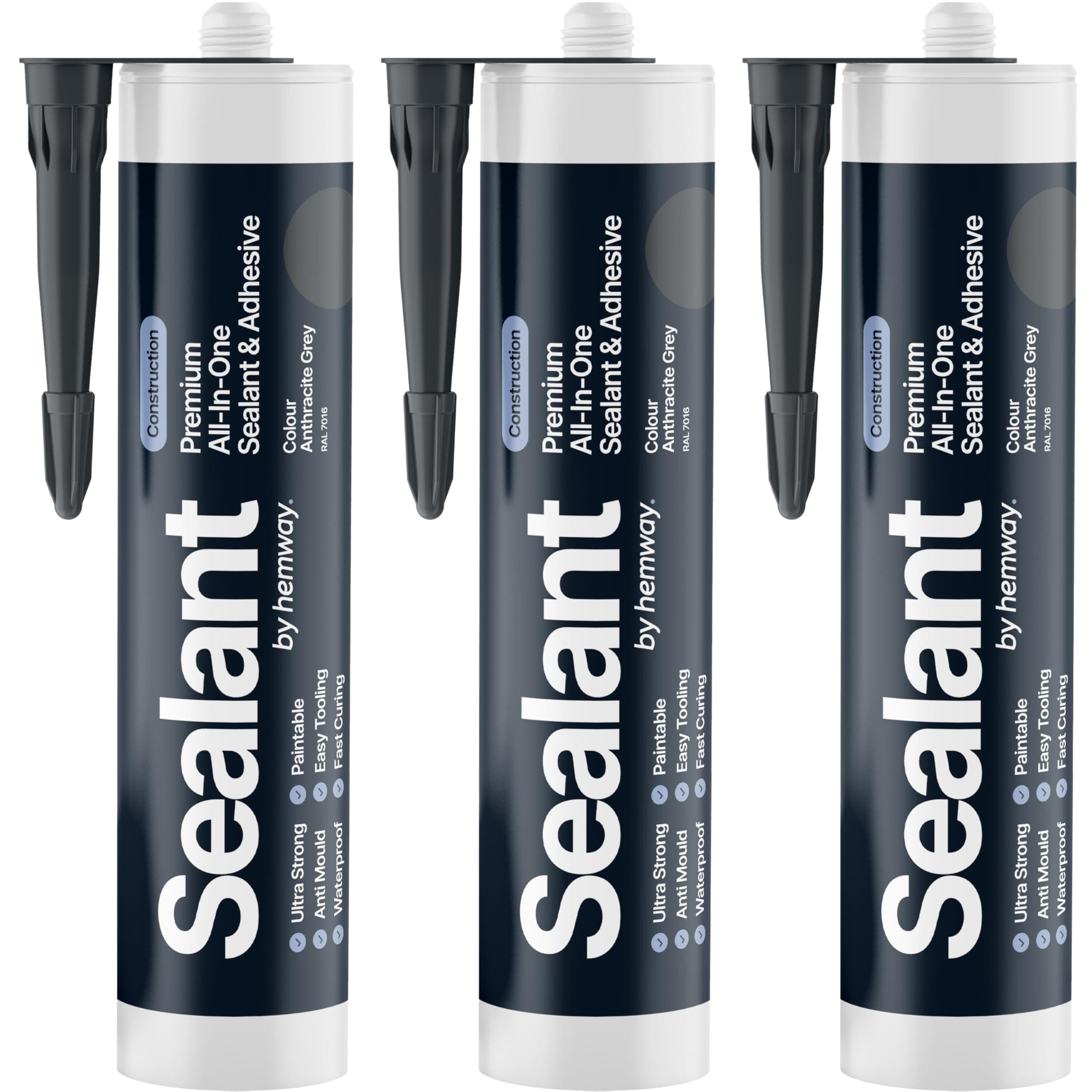 Anthracite Grey Construction Sealant & Adhesive All-In-One Hybrid Polymer | Superior to Silicone Sealant | Waterproof, Odourless, Anti-Mould, Paintable | Kitchen Bathroom Outdoor - 300 ml 3 Pack