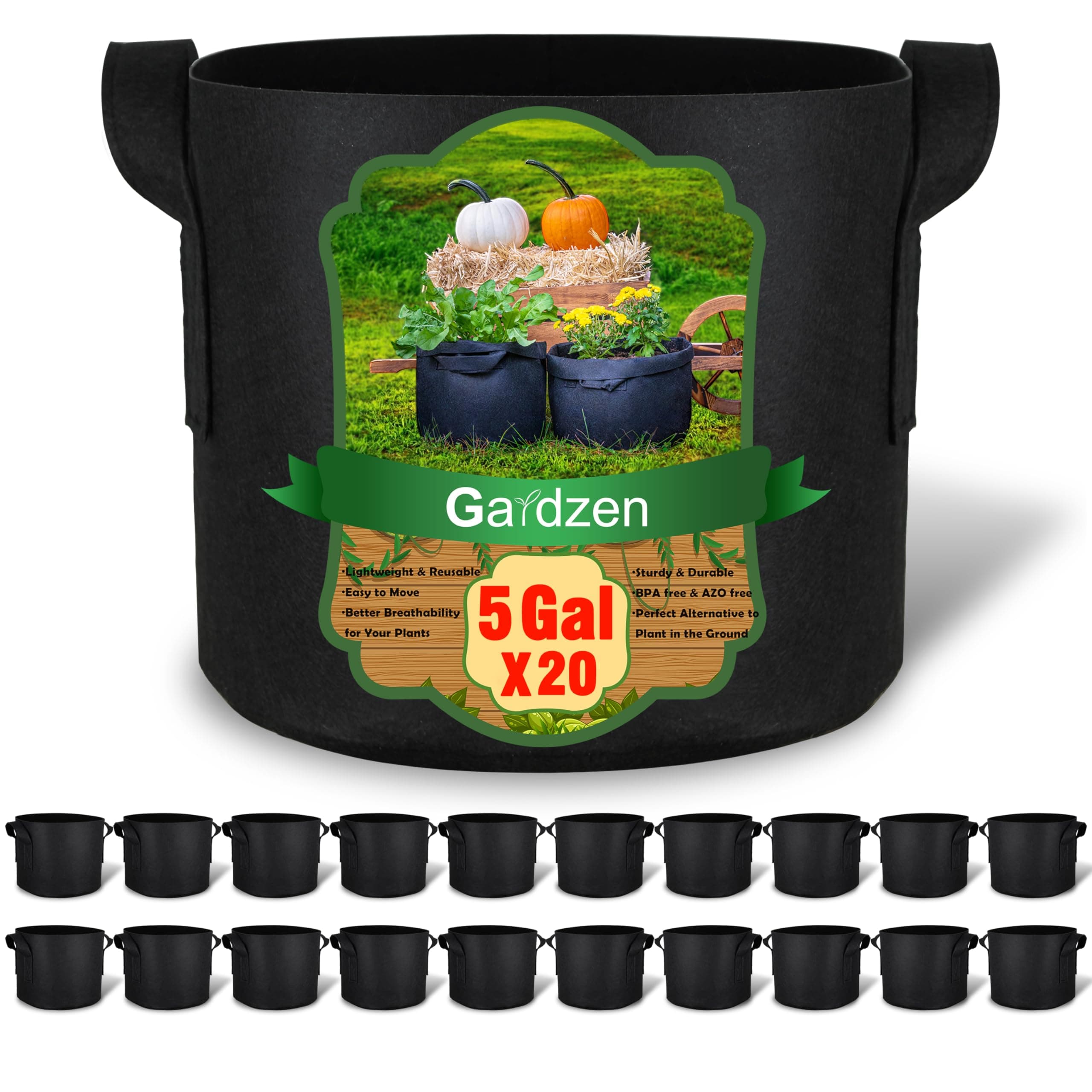 Gardzen 20-Pack 5 Gallon Grow Bags, 300G Thickened Aeration Fabric Pots with Handles, Heavy Duty Plant Bags for Plants