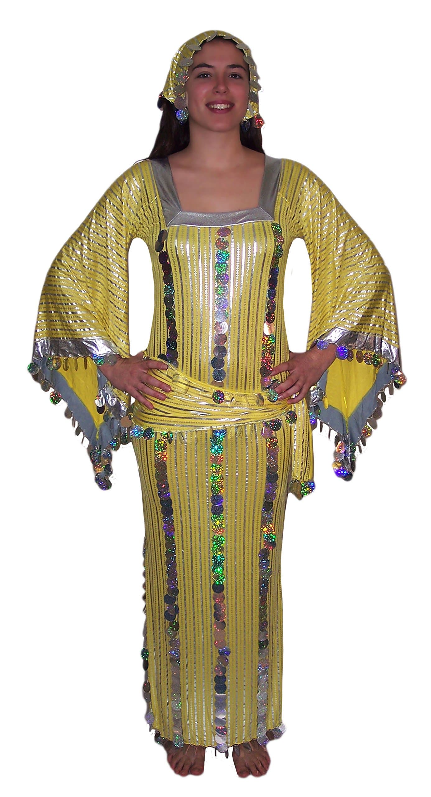 Women Belly Dance Folkloric Baladi Egyptian Galabeya Dancing Dress Costume (S/M, Yellow& Silver)