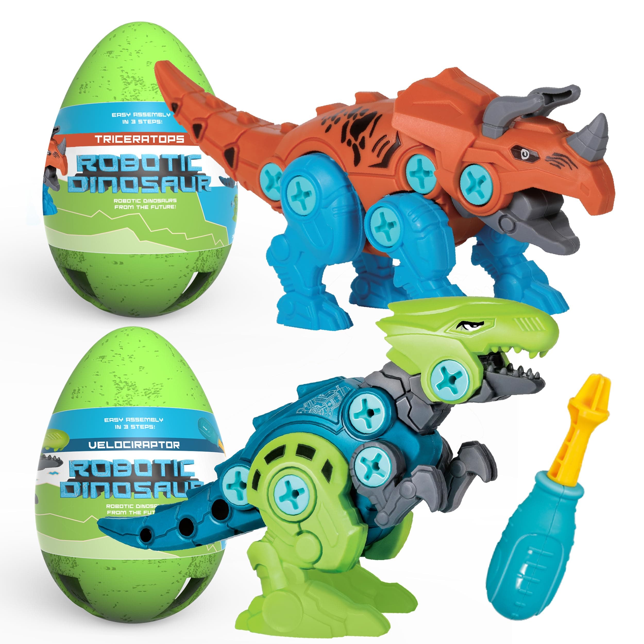 Building Dinosaur Robot Eggs for Toddlers – T-Rex & Velociraptor Construction Toys with Moving Jaws & Tail, Creative Educational Playset for Kids 2-4 Years Old, Motor Skills & Imagination Development