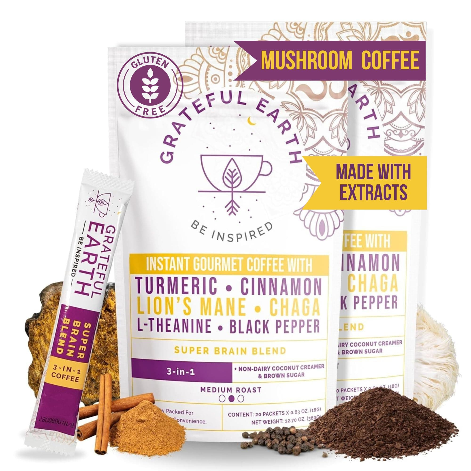 Grateful Earth Mushroom Coffee, Coconut Instant Coffee with Cinnamon, Turmeric, Lion’s Mane Mushrooms, L-Theanine, Chaga, Super Brain Blend, Energy & Immune Support, Dairy & Gluten Free, 2 Bags, 40 Ct
