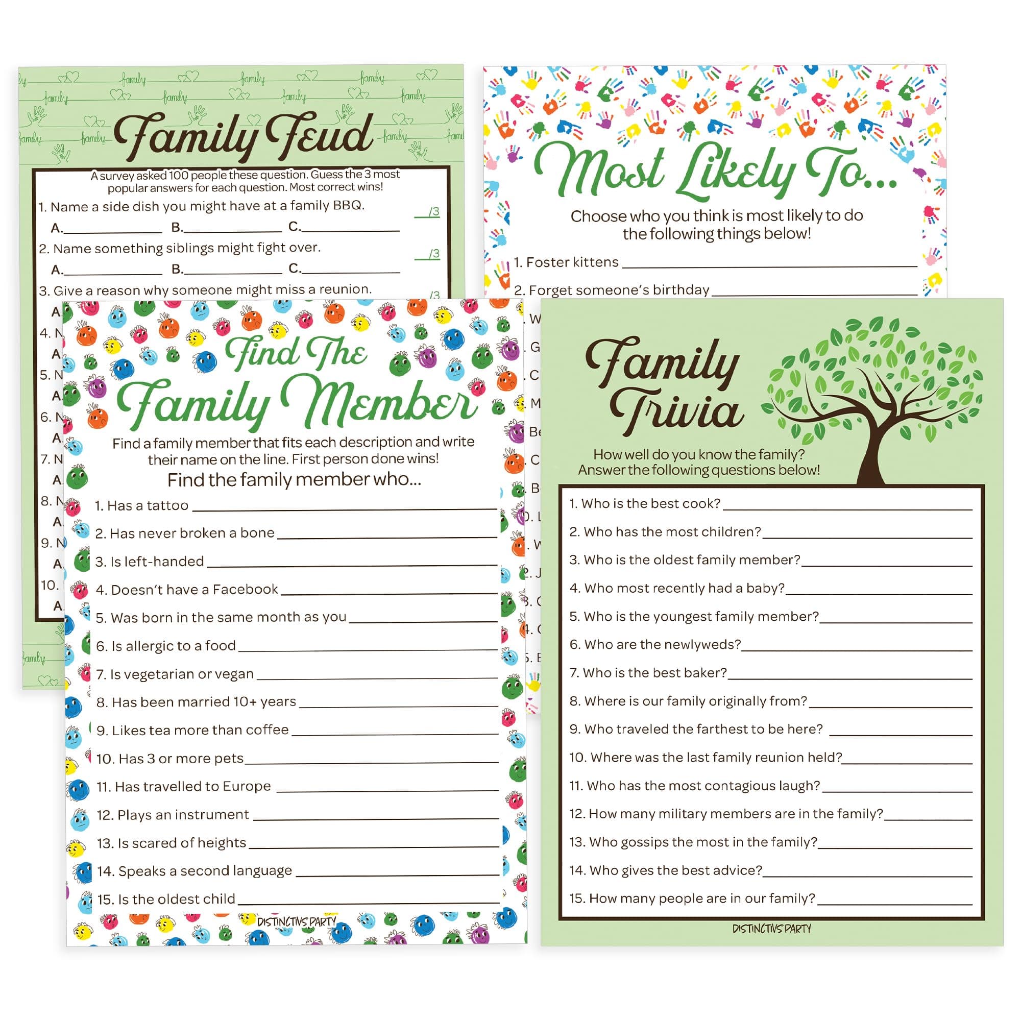 DISTINCTIVS Family Reunion Game Pack - Family Trivia, Most Likely to, Family Feud & Find The Family Member - 4 Game Bundle for 20 Guests