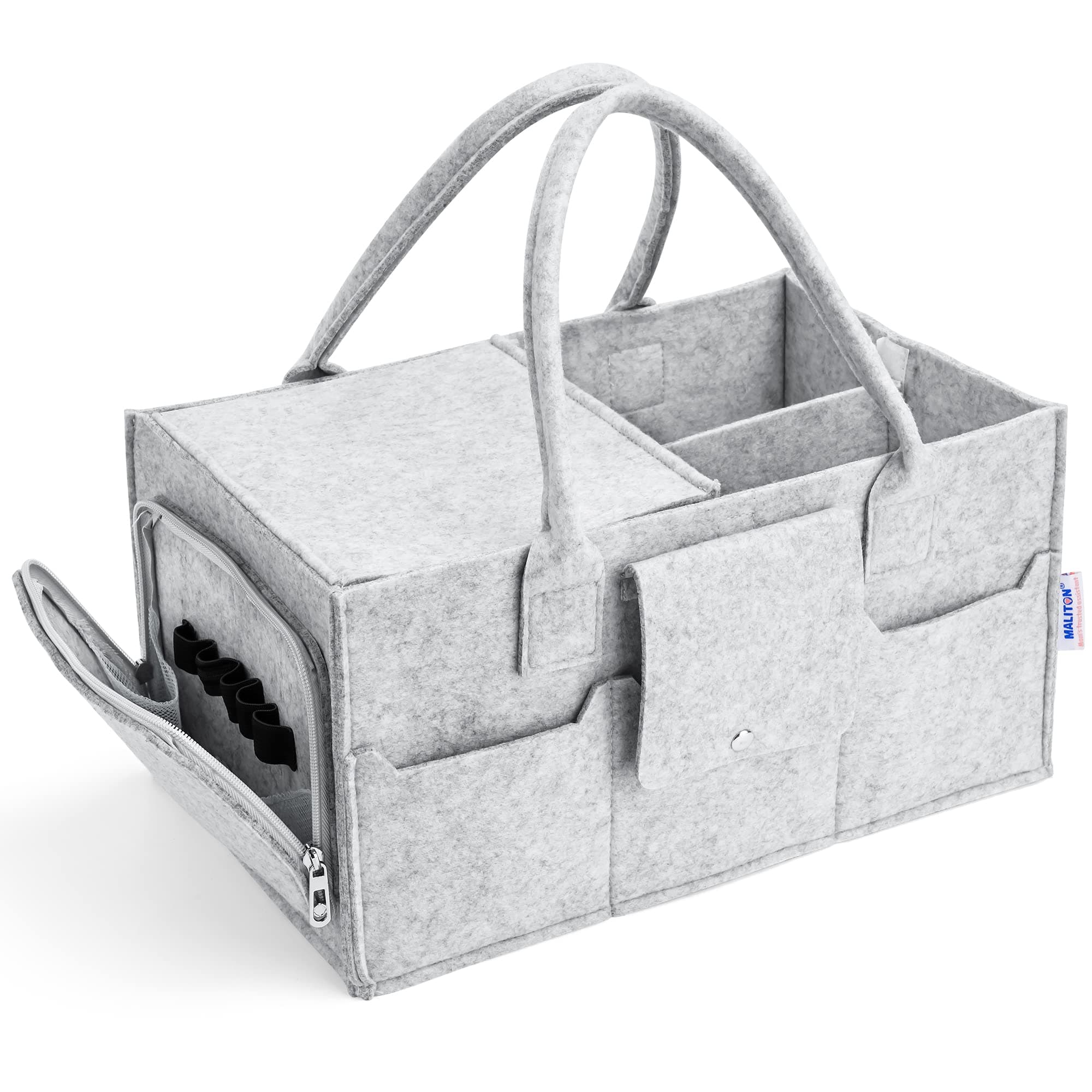 Maliton Nappy Caddy with Lid - Sturdy Portable Washable Diaper Organizer, Sturdy Portable Washable Baby Caddy with Detachable Compartments. Nappy Organiser, Baby Shower Gifts for Mum,Grey