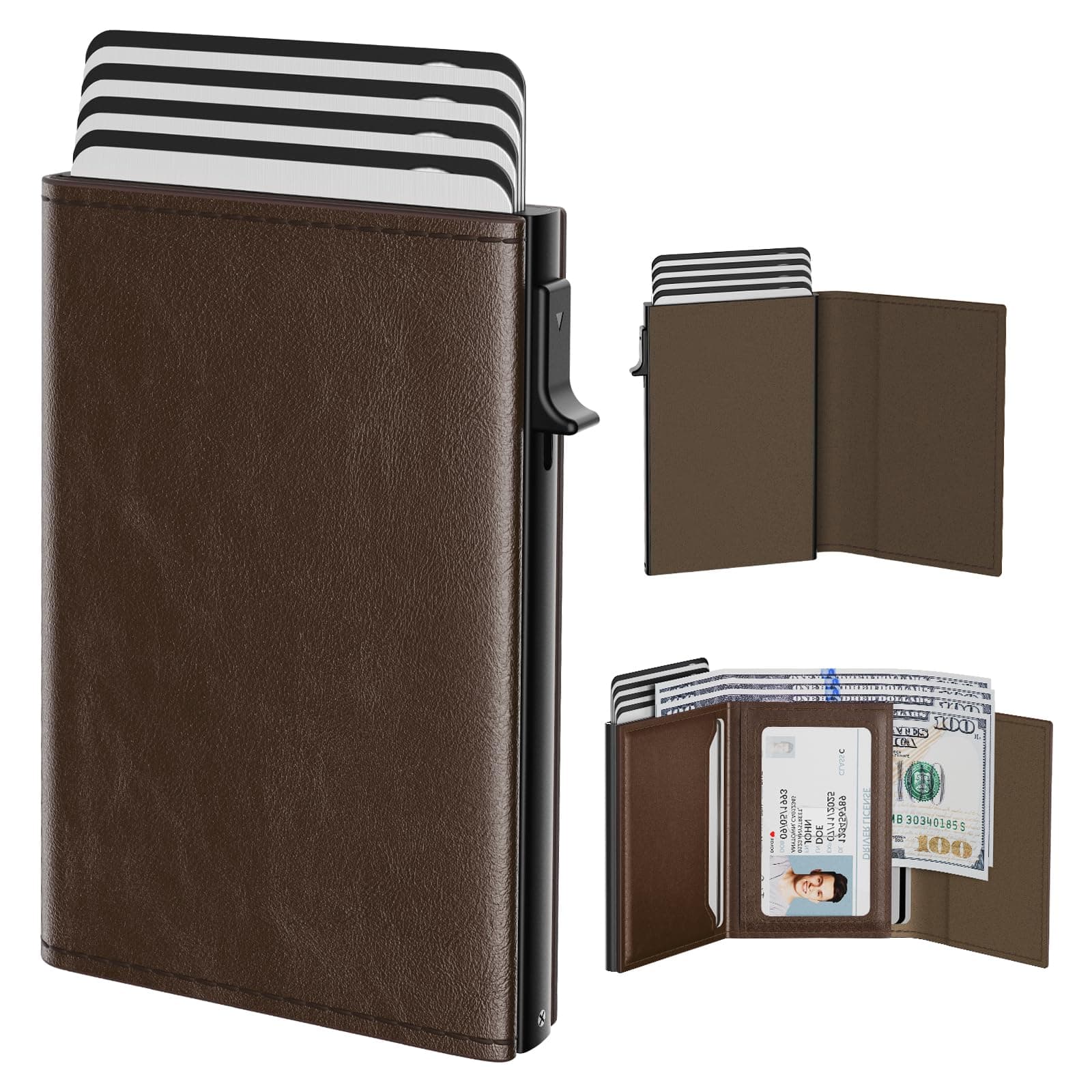 typecase Mens Wallet Card Holder: Pop Up Aluminum Case, Genuine Leather, Smart, RFID Blocking, Slim, Minimalist, Front Pocket - 9-14 Card Capacity | ID Window | Cash Slot (Black Brown)