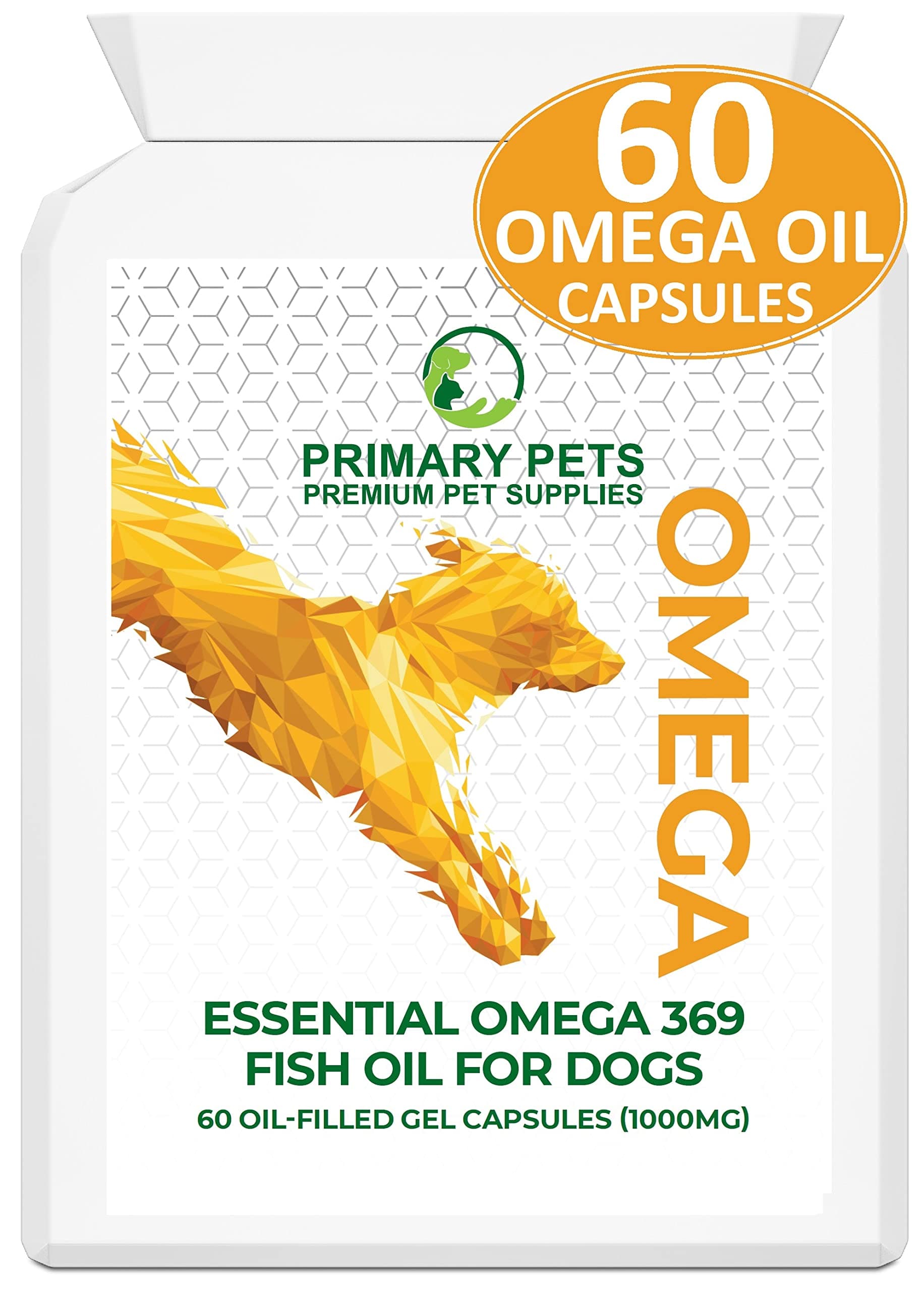 Primary Pets Premium Pet Supplies - Omega 3 Fish Oil for Dogs. 60 x 1000mg Oil Capsules. Supports Healthy Skin and Shiny Coat, Maintains Joint and Brain Health, Helps Maintain Immune System