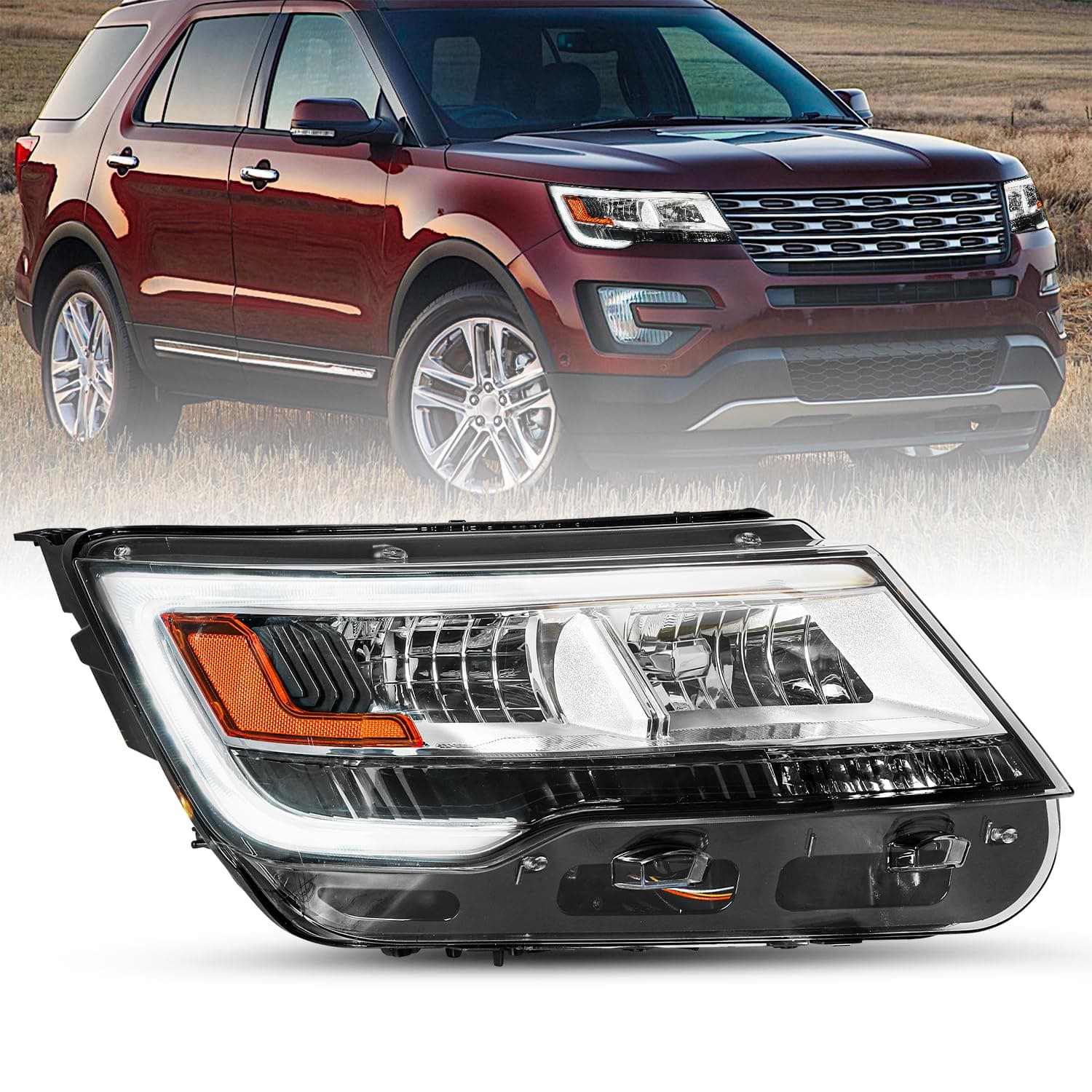 SOCKIRLED DRL Headlight Assembly Fit for 2016-2018 Ford Explorer Limited/Platinum/XLT OE Style Headlamp Replacement w/o LOGO, Right Passenger Side