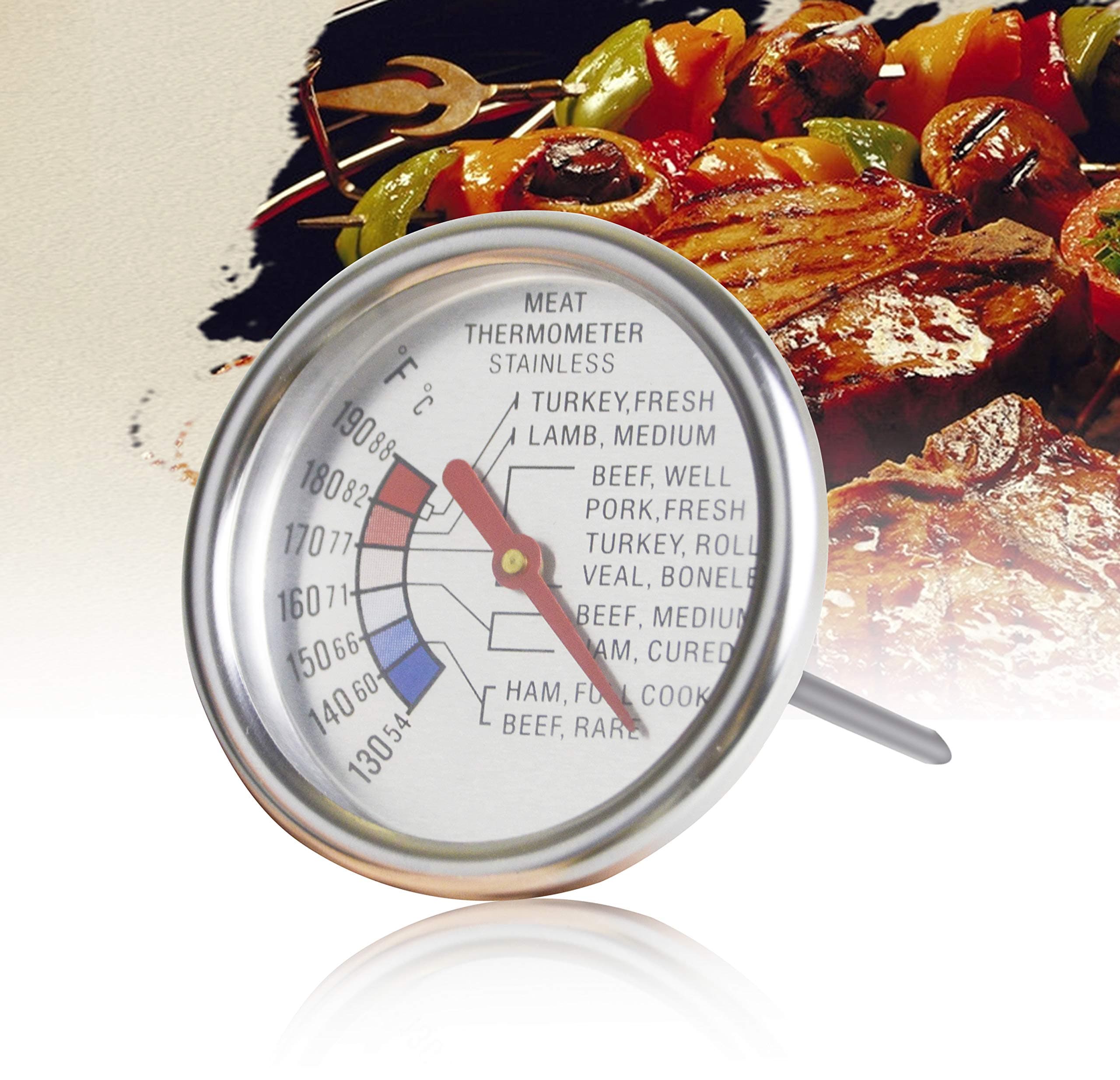 Roasting Meat Thermometer T729E,Stainless Steel Classic Fry Meat Thermometer,Silver Easy-Read Face for BBQ Household