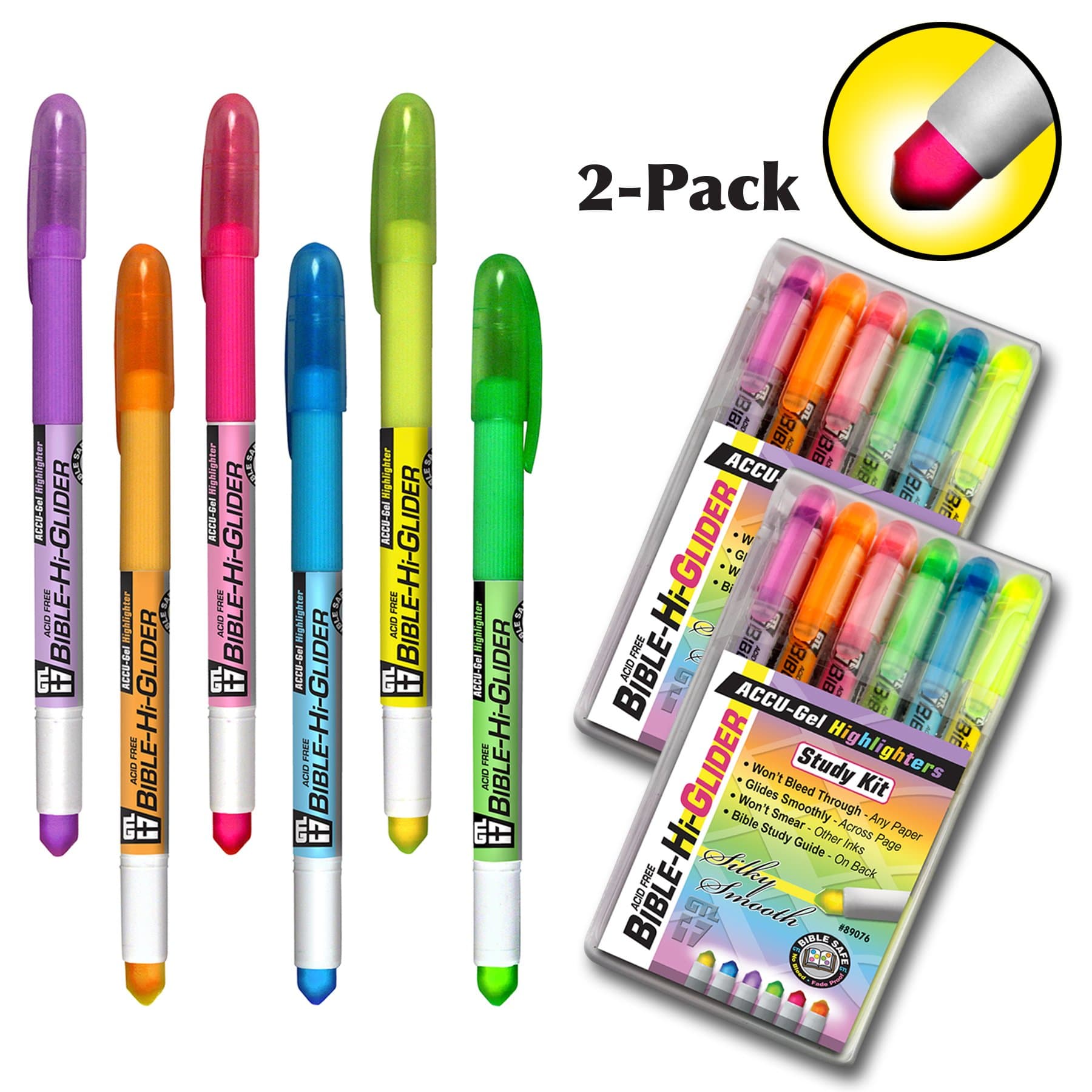 G.T. Luscombe Company, Inc. 2 Pack - Set of 6 Accu-Gel Study Kit Bible Hi-Glider Highlighters - No Bleed Through! - 6 - Gel Highlighters