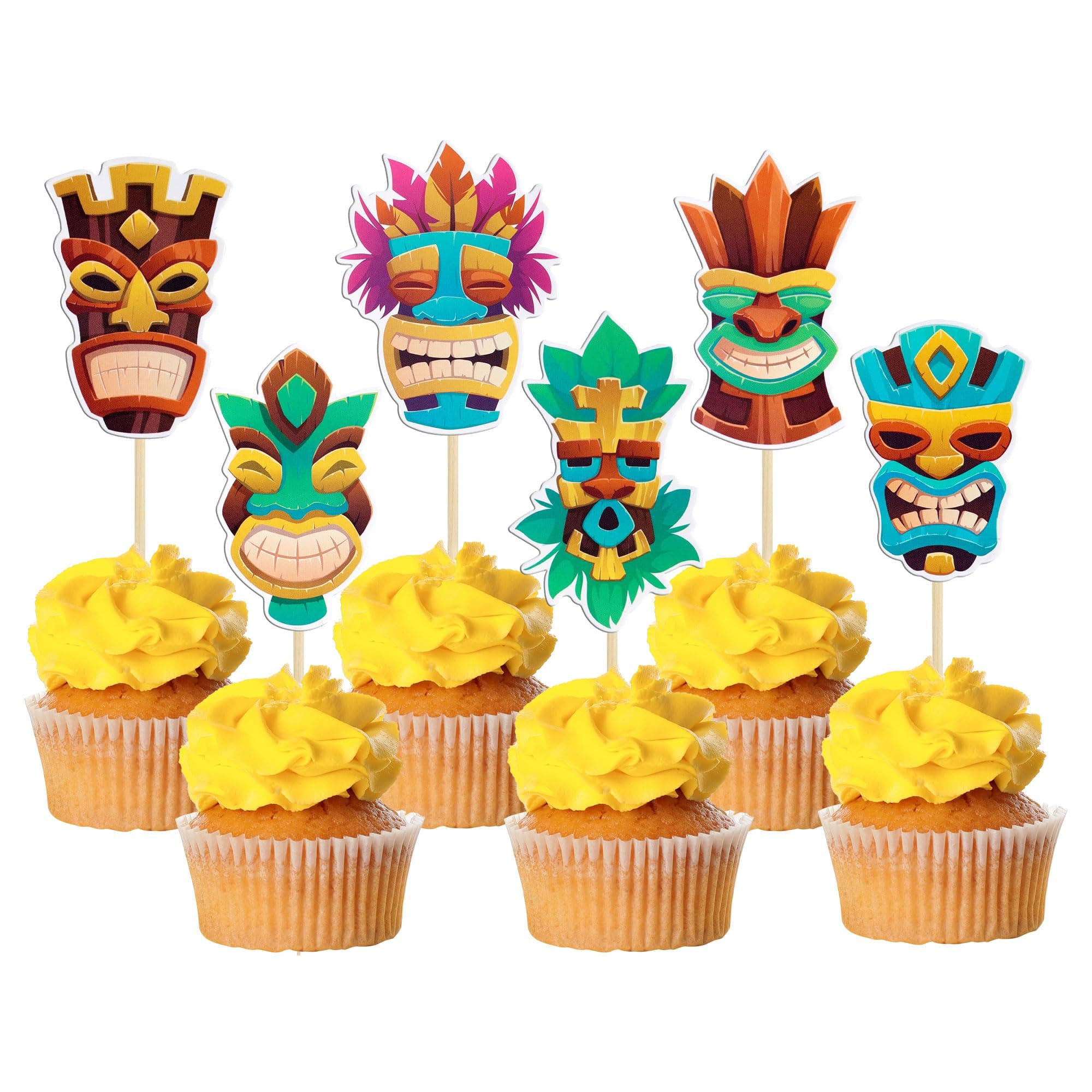 Gyufise 36Pcs Hawaii Tiki Cupcake Toppers Hawaiian Tropical Tiki Totem Hawaiian Themed Party Cake Decorations for Summer Aloha Tropical Birthday Party Supplies