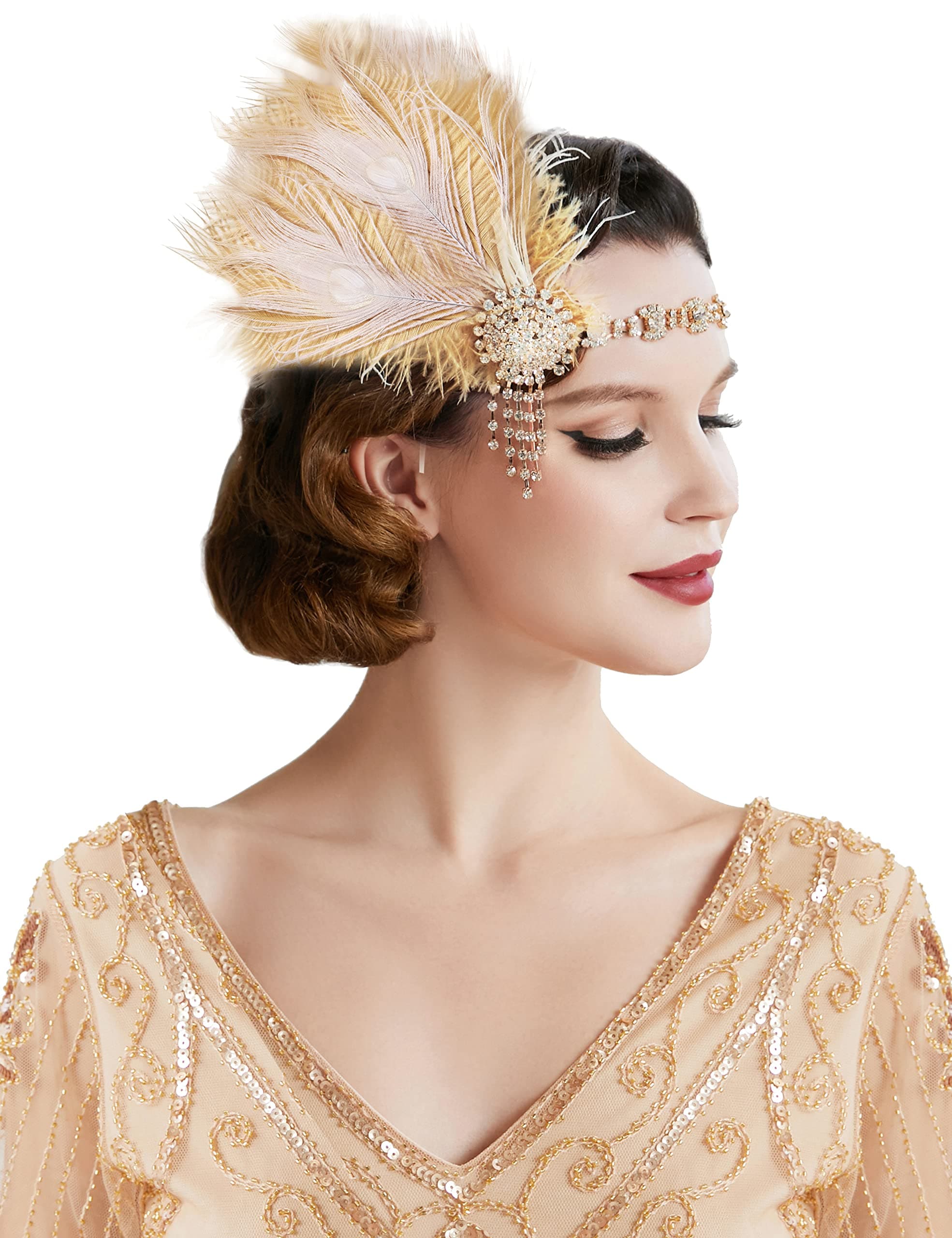 BABEYOND 1920s Feather Headband Peacock Headpiece Crystal Vintage 1920s Flapper Feather Headband Great Gatsby Costume Accessories Roaring 20's Accessories (Gold)