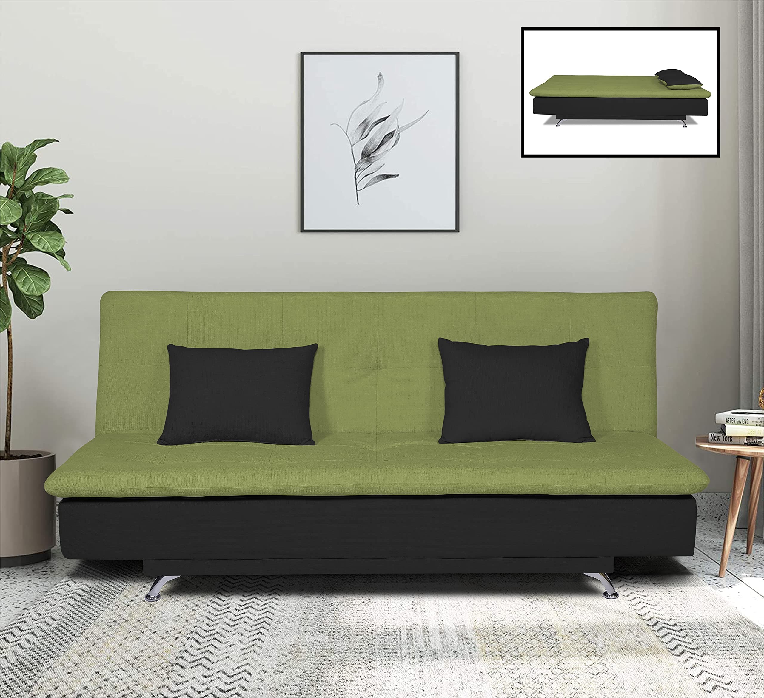 Adorn India Aspen Three Seater Green & Black Sofa Cum Bed