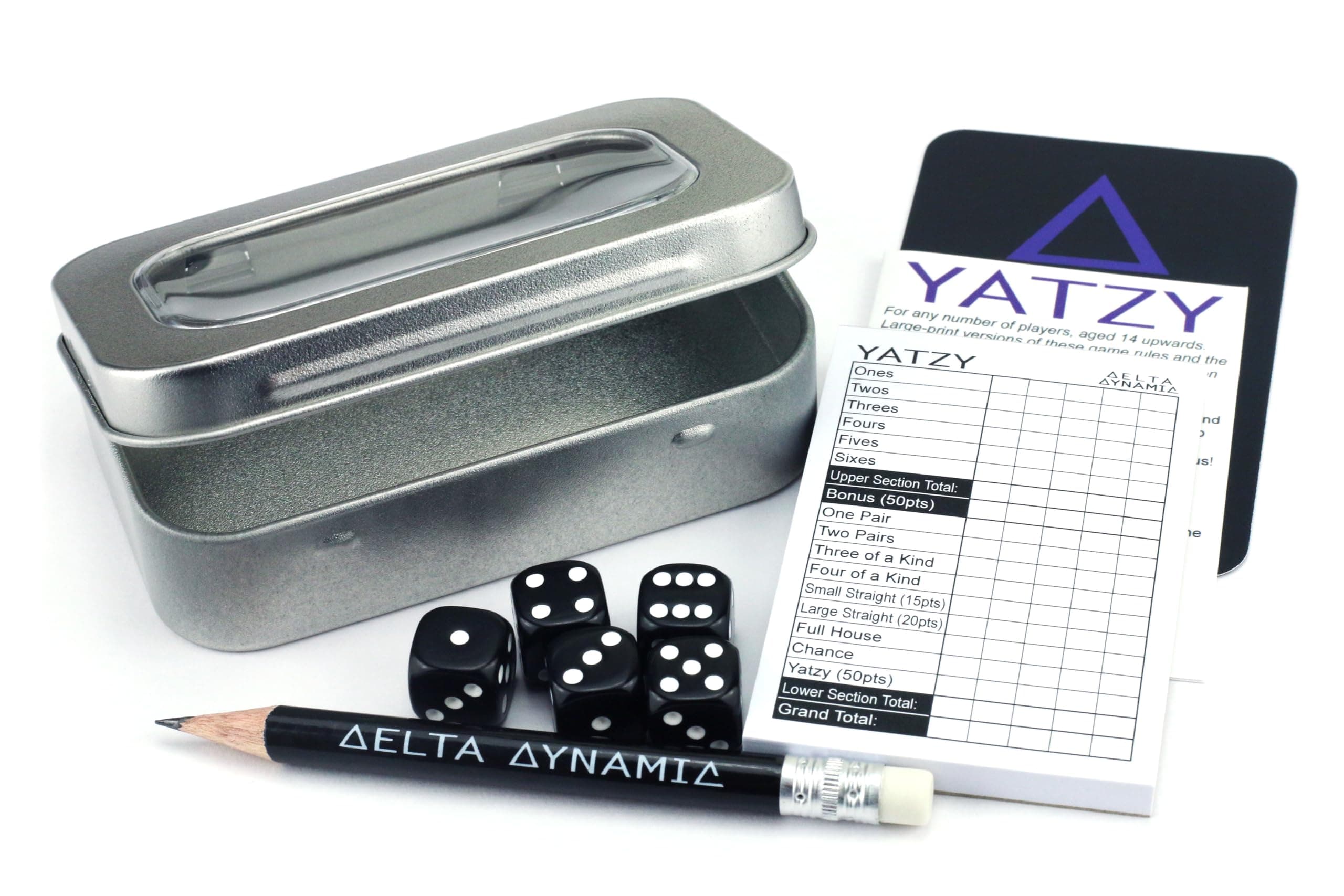Yatzy Travel Tin – Traditional Dice Game in a Compact Hinged Storage Tin. Pocket-Sized Set (9.6 x 6.2 x 2.2cm). UK-Made.