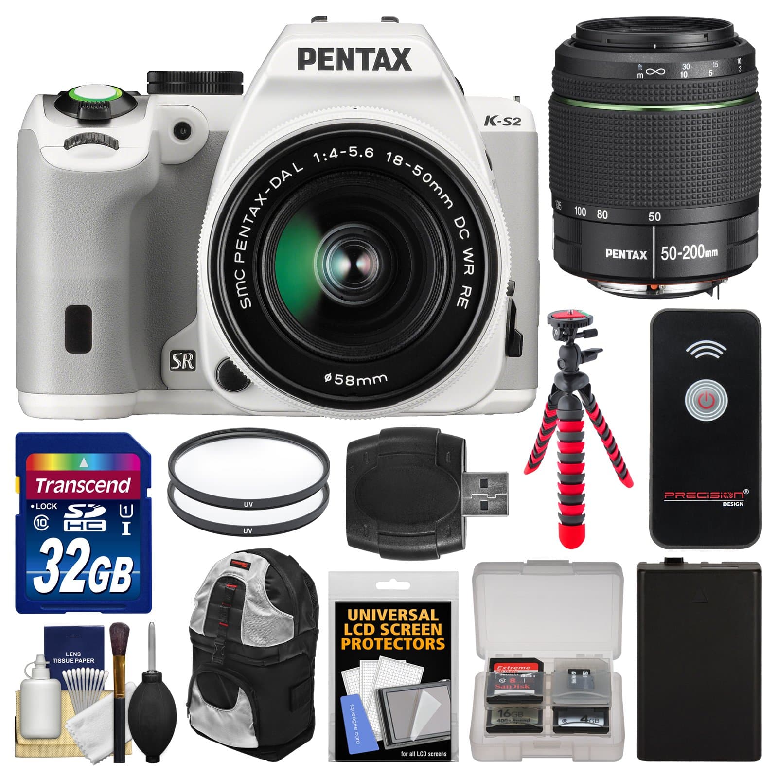 Pentax K-S2 Digital SLR Camera with 18-50mm & 50-200mm WR Lenses (White) with 32GB Card + Backpack + Battery + Flex Tripod + Filters + Remote + Kit
