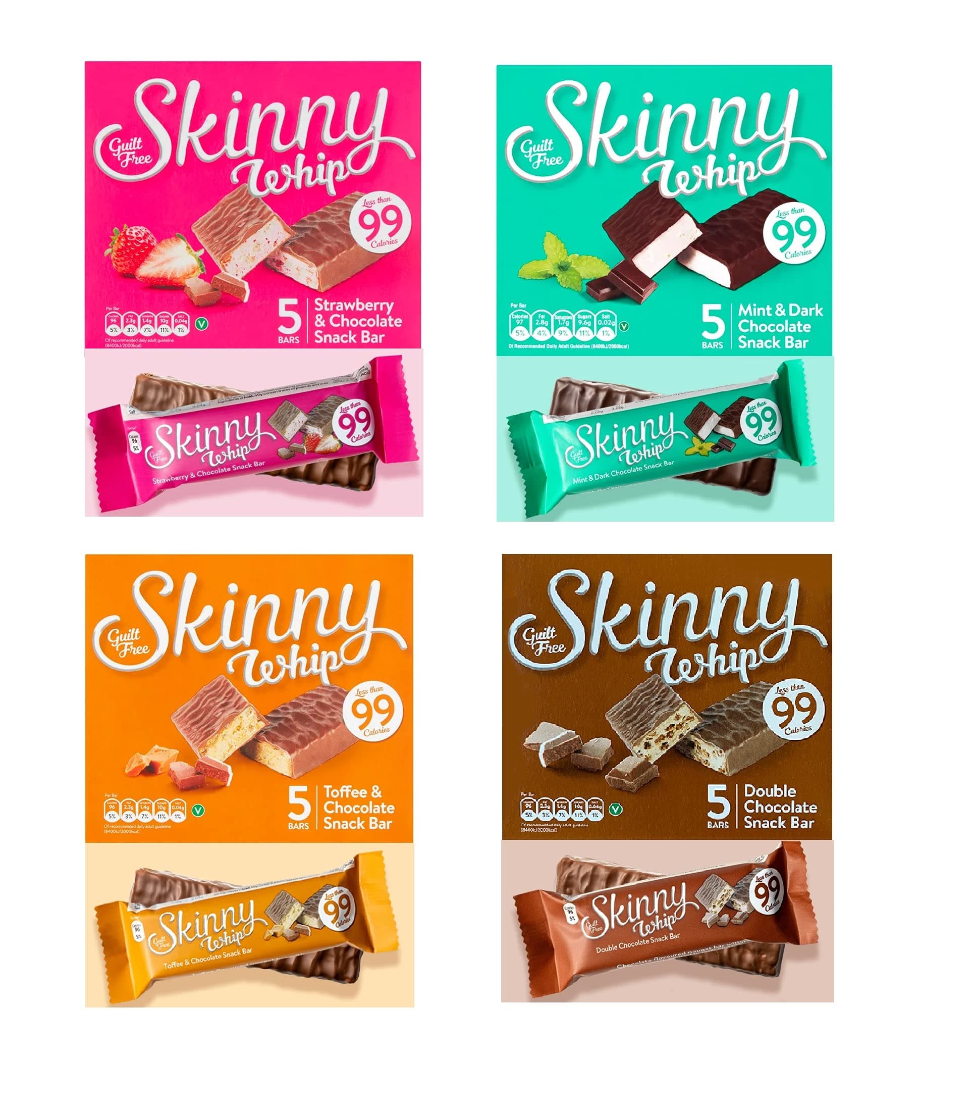 New Skinny Whip Snack Bars Less Than 99 Calories 5 Variations Multi-Pack 4 Boxes