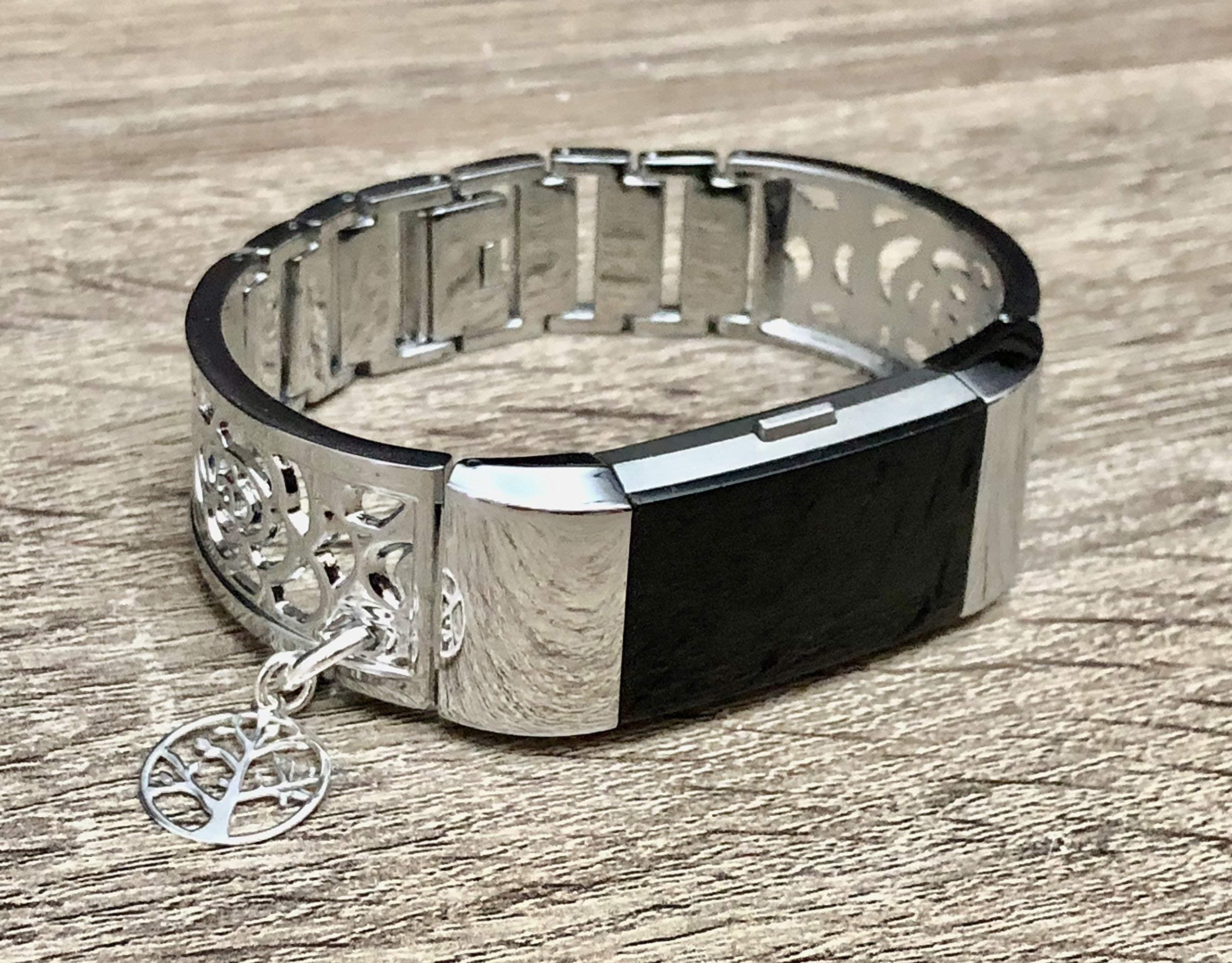 Silver Color Bracelet For Fitbit Charge 2 Fitness Tracker Handmade Jewelry for Fitbit Charge 2 Band Shiny Silver Bangle 925 Sterling Silver Tree of Life Pendant Adjustable Size Bracelet