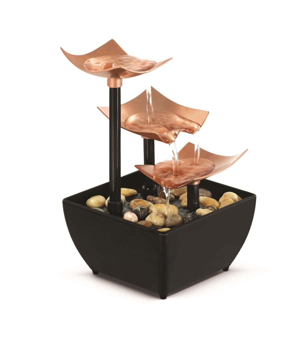 Homedics Golden Dew Relaxation Tabletop Water Fountain with 3 Tiers, Natural River Rocks, and a Quiet Pump for Soothing Zen Ambiance in Your Home or for Office Décor, Powered by 2 AA Batteries