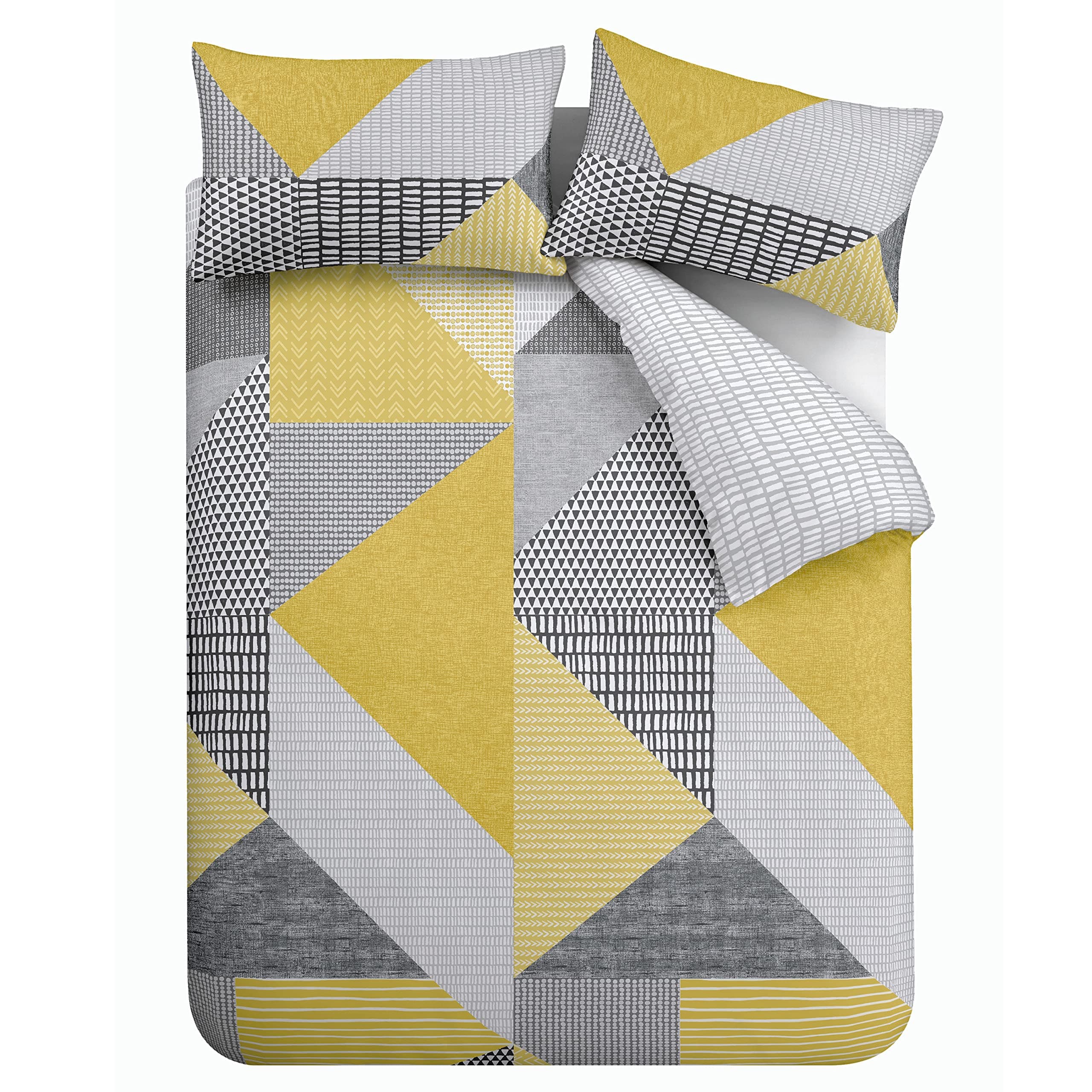 Catherine Lansfield Larsson Geo Reversible Double Duvet Cover Set with Pillowcases Ochre Yellow