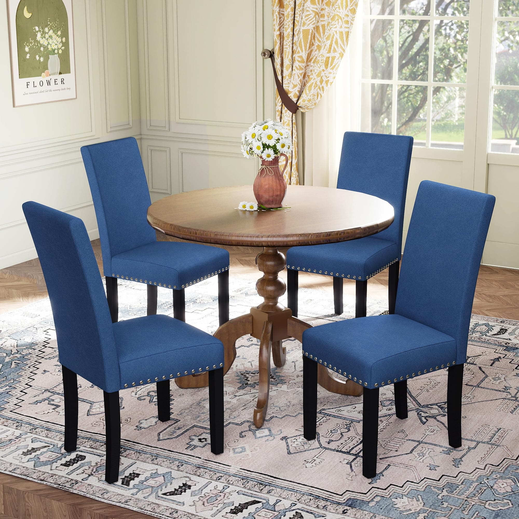 LSSPAID Dining Chairs Set of 4, Fabric Upholstered Dining Room Parson Chair with Nailhead Trim and Solid Wood Legs for Home and Kitchen, Blue