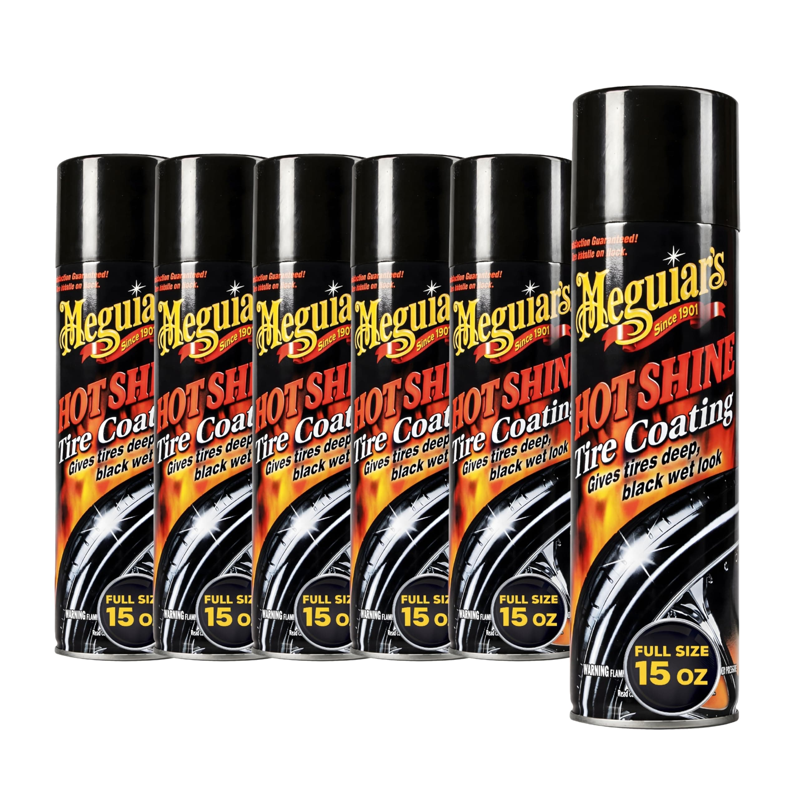 Hot Shine High Gloss Tire Coating, 6 Pack (6 x 15 oz = 90 oz Total) Aerosol Tire Shine Spray for Deep Black Wet Look Tires on Cars Trucks and SUVs After Car Wash Detailing