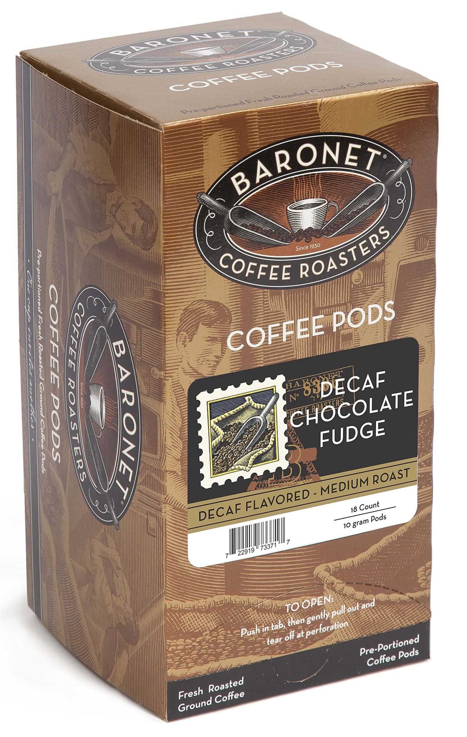 Baronet CoffeePods [DECAF Chocolate Fudge-54 Pods] Flavored Single Cup Use, Like Senseo [3 Boxes of 18 Single Serve 10 Gram] Regular Strength, Med Roast [Decaf Choc Fud