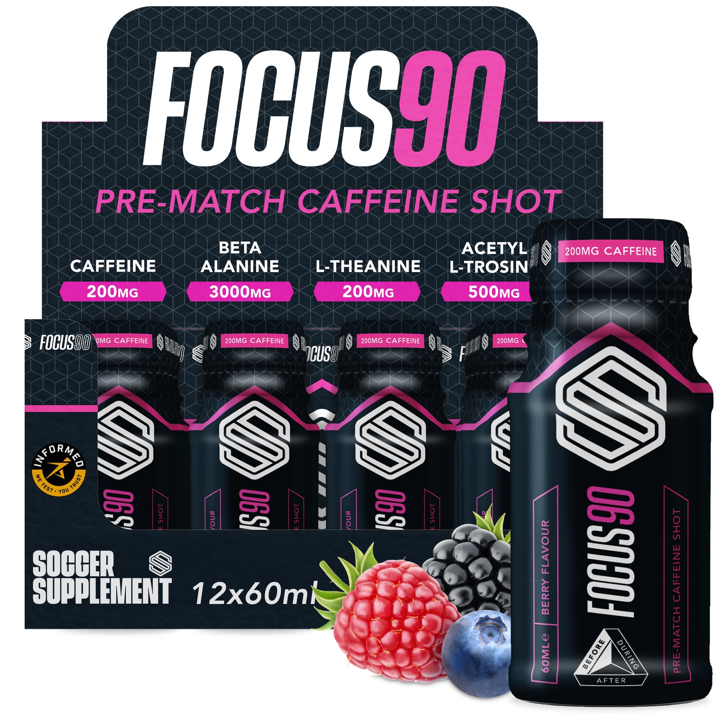 FOCUS90 Caffeine Shot - by Soccer Supplement - 200mg Caffeine, 60ml Pre Workout Shot, Great Tasting Berry Flavour, Informed Sport Tested