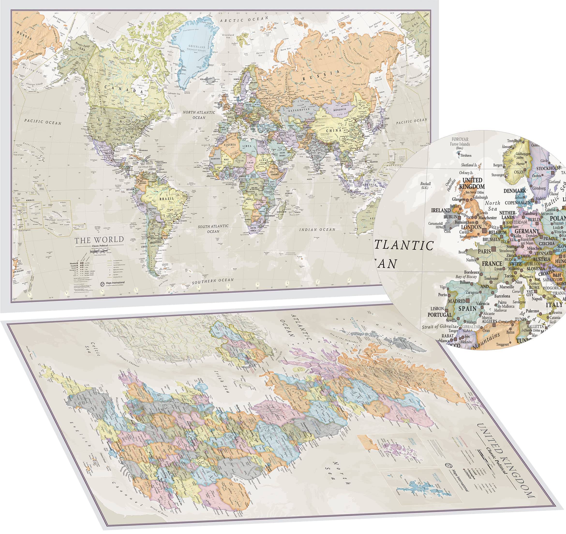 Laminated World Map & UK Map Poster Set - Classic Style - Made in the UK - Maps International