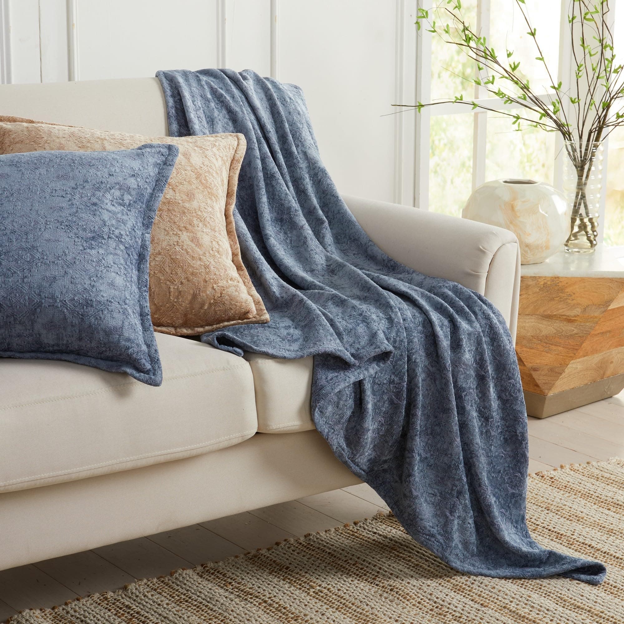 Chenille Jacquard Throw Blanket | Textured Boho Throw for Sofa, Couch, Bed | Soft Decorative Throw for All Seasons | Charlotte Collection (50" x 60", Blue)