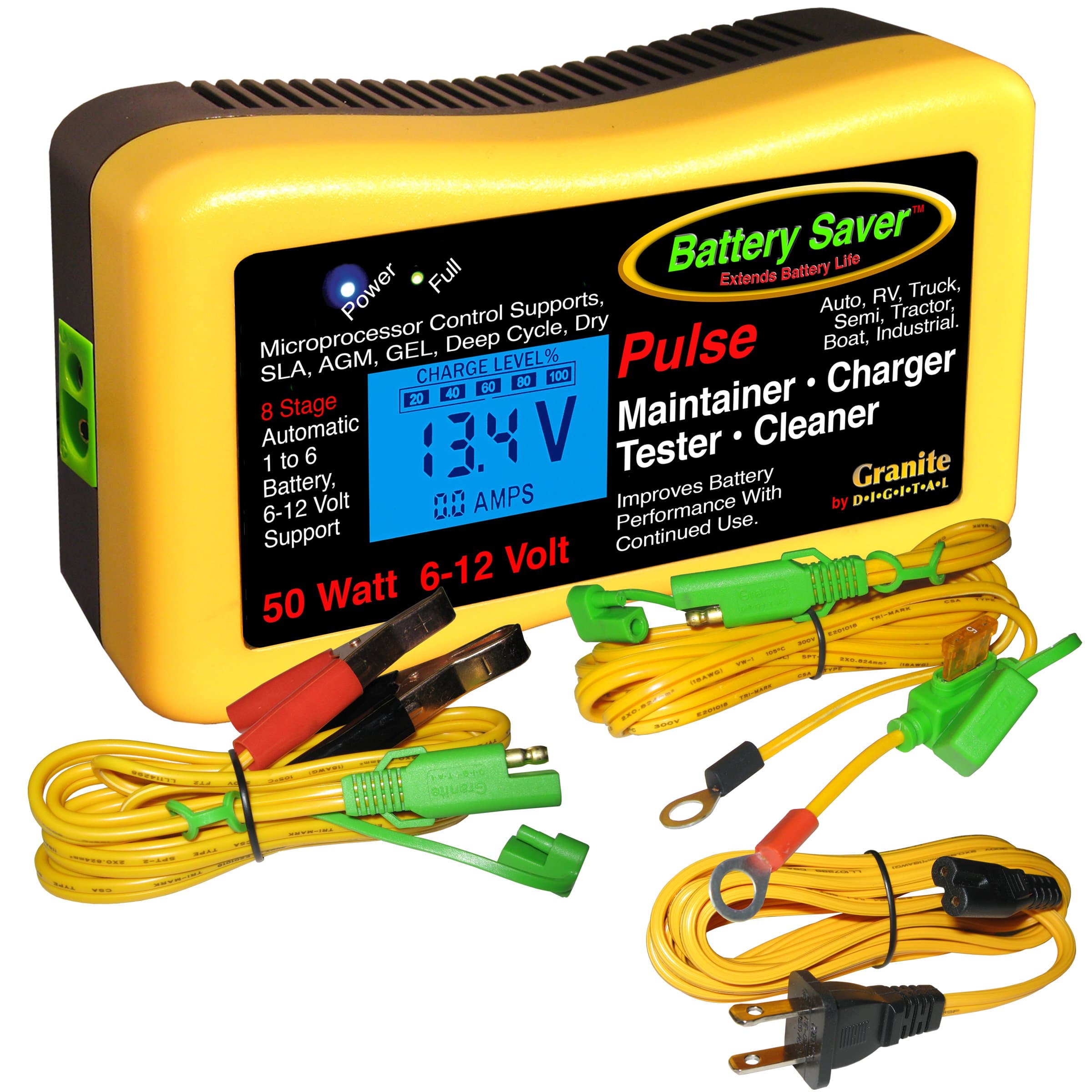 Battery Saver Premium 6 & 12 Volt 50W Pulse Charger, Maintainer & Tester (Gen. 3), Yellow, Black