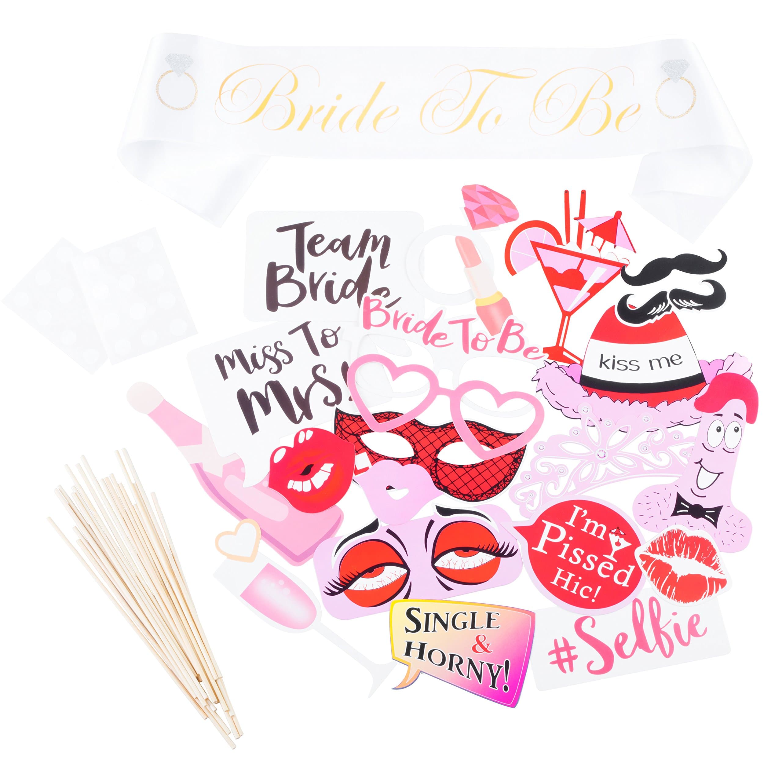 Bachelorette Party Photo Booth Props: Funny and Dirty Photo Cutout Accessories Kit for Adults with White Bride To Be Sash - 22 Piece DIY Selfie Photo Prop Set with Sticks and Glue Dots Included